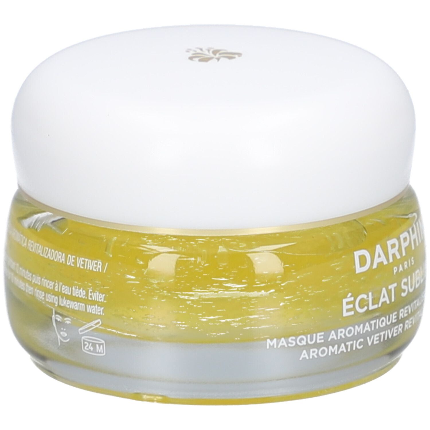 Glasbehälter mit gelber Creme und weißem Deckel. Text: Mascarilla Revitalizadora de Vetiver. 24M-Symbol.