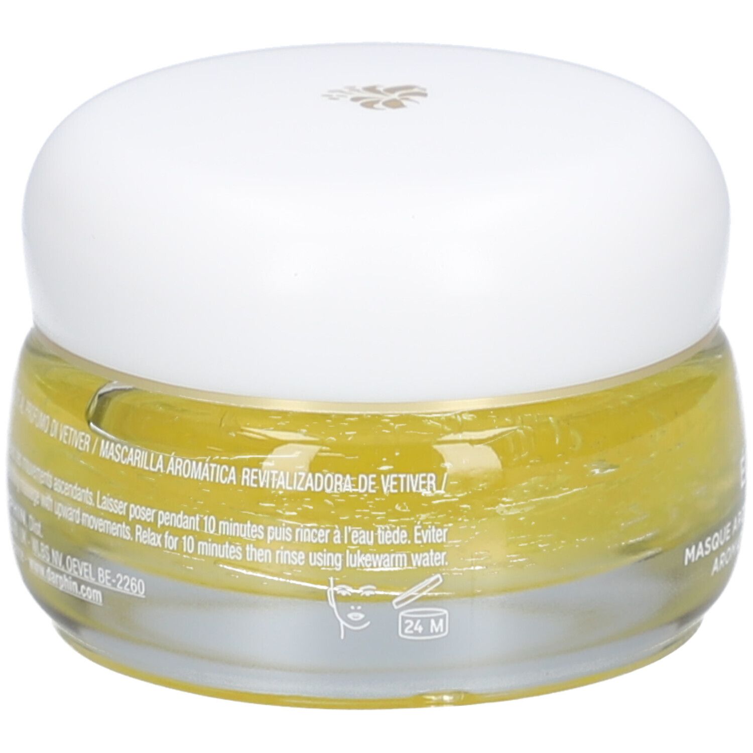 Glasbehälter mit gelber Creme und weißem Deckel. Text: Maschera Aromatica Revitalizzante al Vetiver. 24M-Symbol.