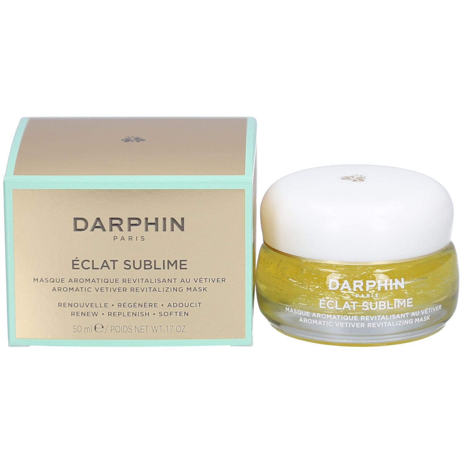 Produktverpackung und Glasbehälter mit gelber Creme. Text: Darphin, Éclat Sublime, 50 ml, 1.7 OZ. Mit Aufschrift.