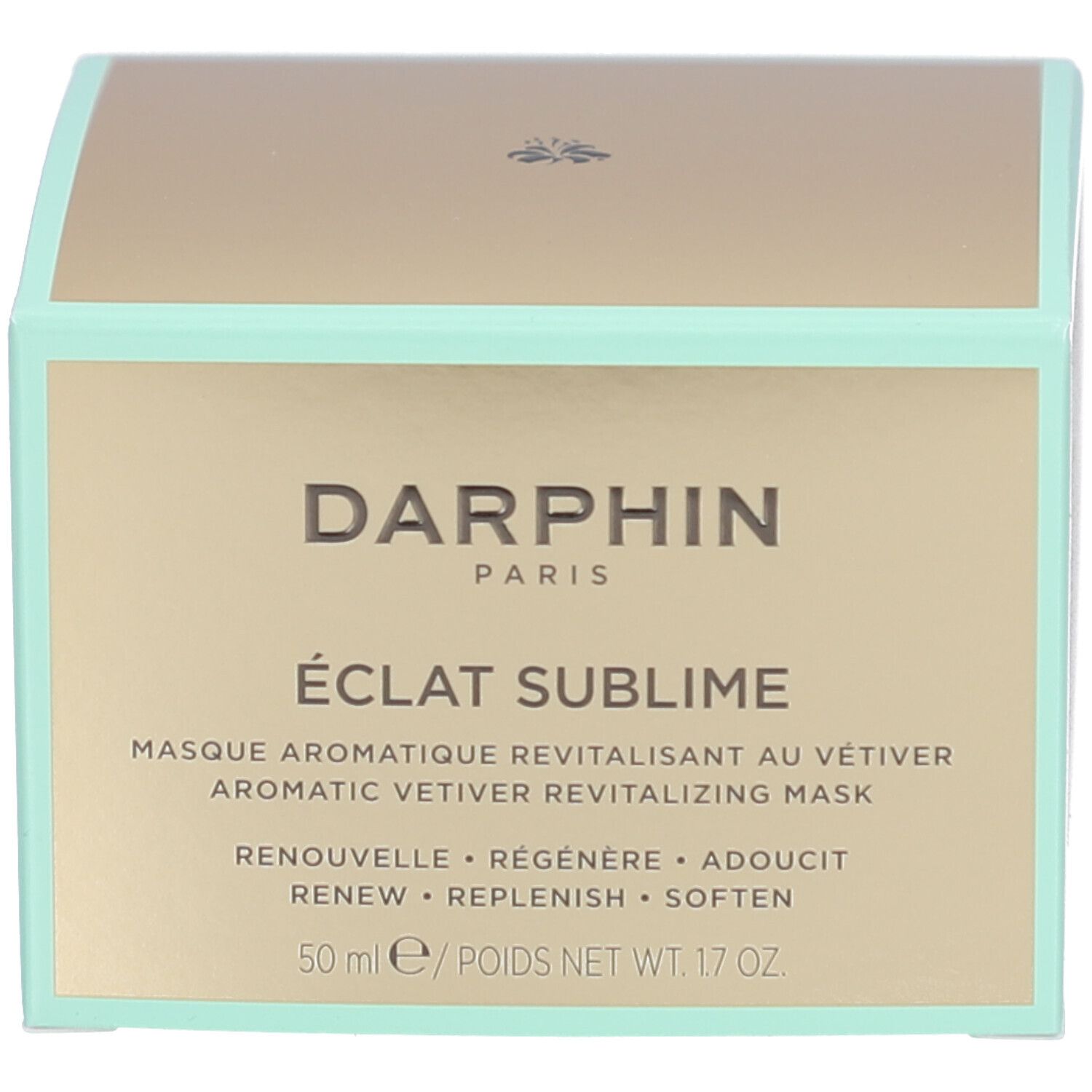 Produktverpackung. Text: Darphin, Éclat Sublime, Masque aromatique revitalisant au vétiver. 50 ml/POIDS NET WT. 1.7 OZ.