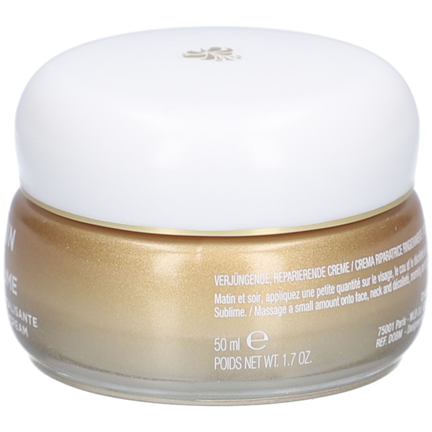 Creme-Glas mit weißem Deckel. Goldfarbene Creme. Beschriftung: DERMAFORA ÉCLAT SUBLIME Crème Réparation Revitalisante.