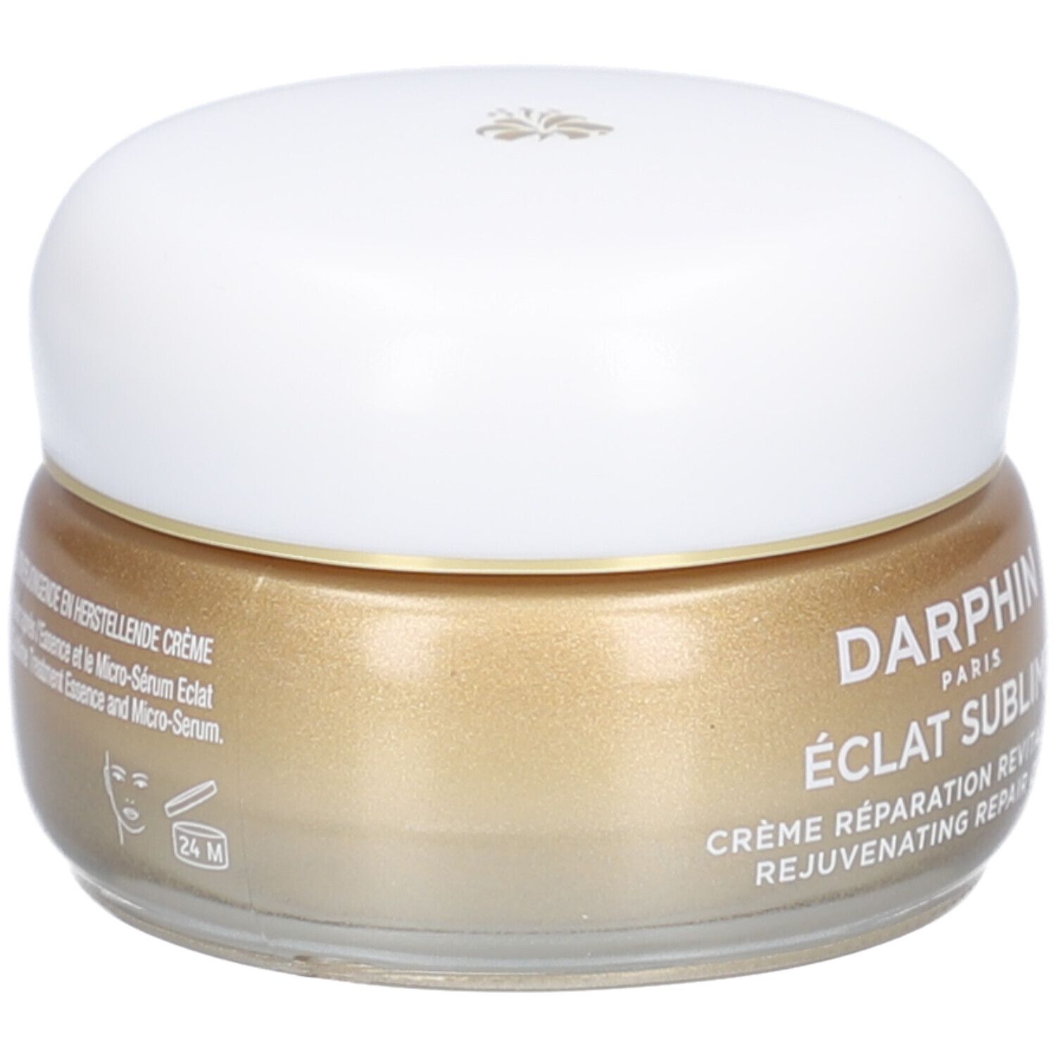 Creme-Glas mit weißem Deckel. Goldfarbene Creme. Beschriftung: DERMAFORA ÉCLAT SUBLIME Crème Réparation Revitalisante.