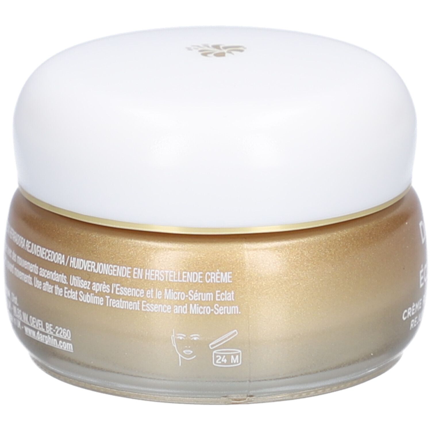 Creme-Glas mit weißem Deckel. Goldfarbene Creme. Beschriftung: DERMAFORA ÉCLAT SUBLIME Crème Réparation Revitalisante.