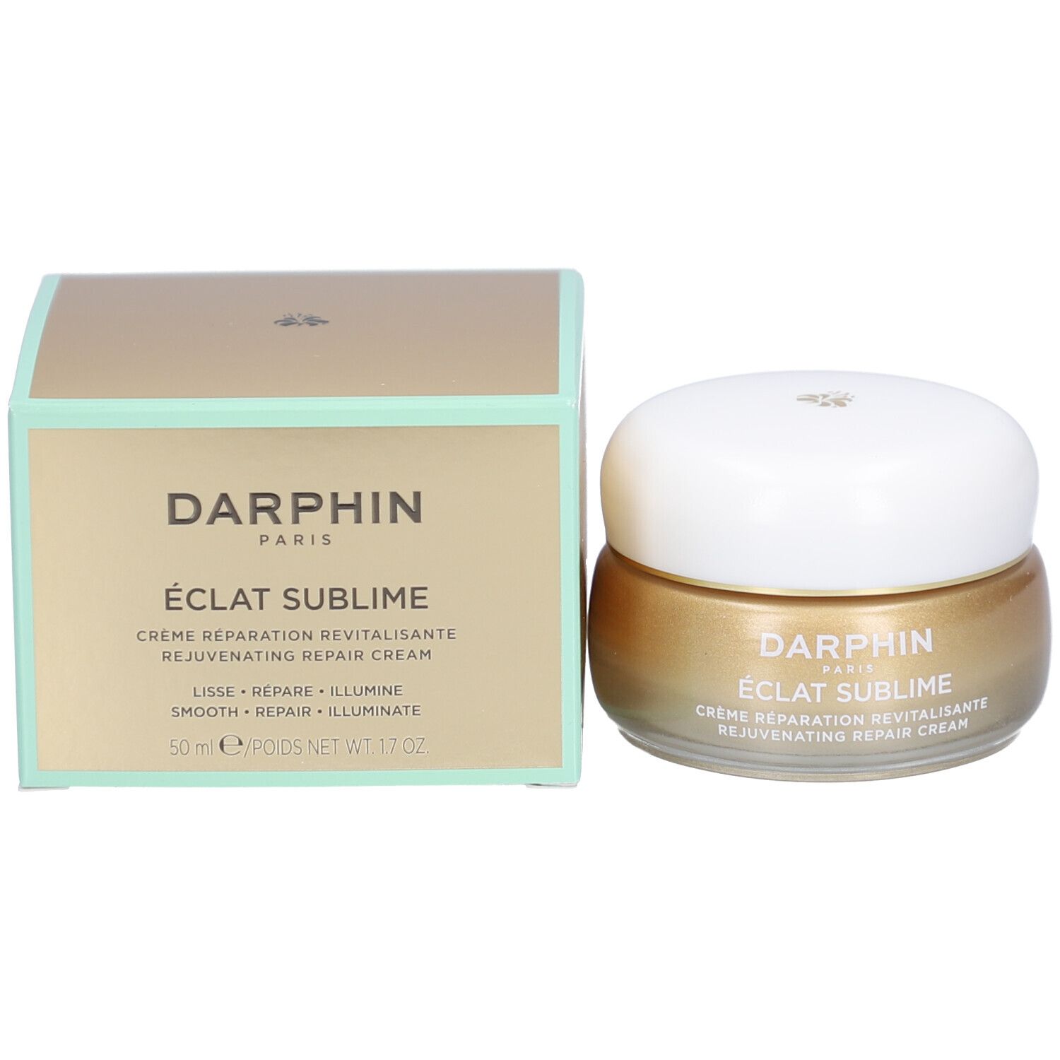 Creme-Glas und Schachtel. Goldfarbene Creme und Schachtel. Beschriftung: DERMAFORA ÉCLAT SUBLIME Crème Réparation Revitalisante.