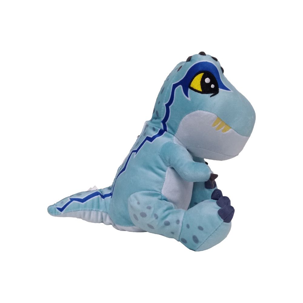 Blauer Plüsch-Dinosaurier, seitlich sitzend. Gelbes Auge, blaue Akzente. Auf weißem Hintergrund.