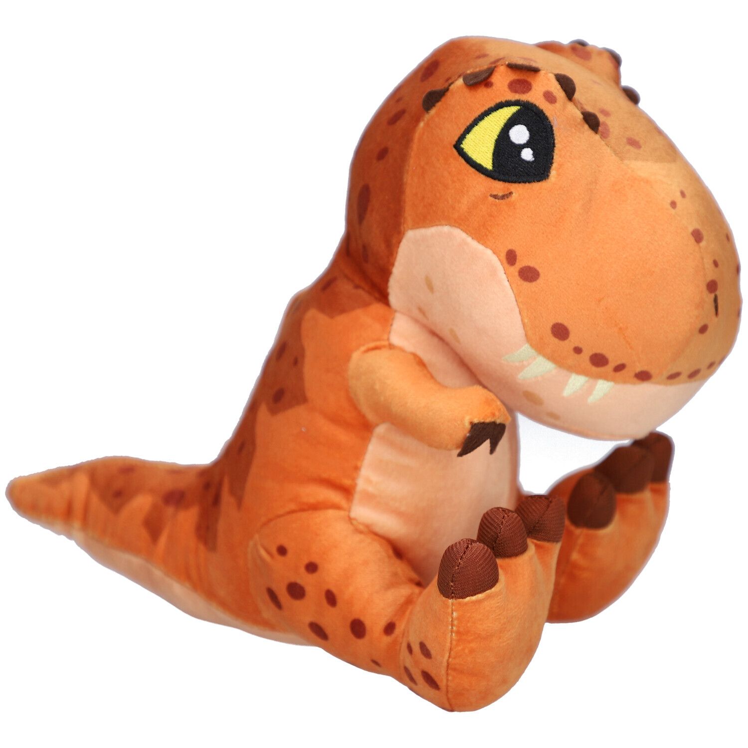 Orangefarbener T-Rex-Plüschtier mit braunen Flecken. Das Tier sitzt mit angewinkelten Beinen.
