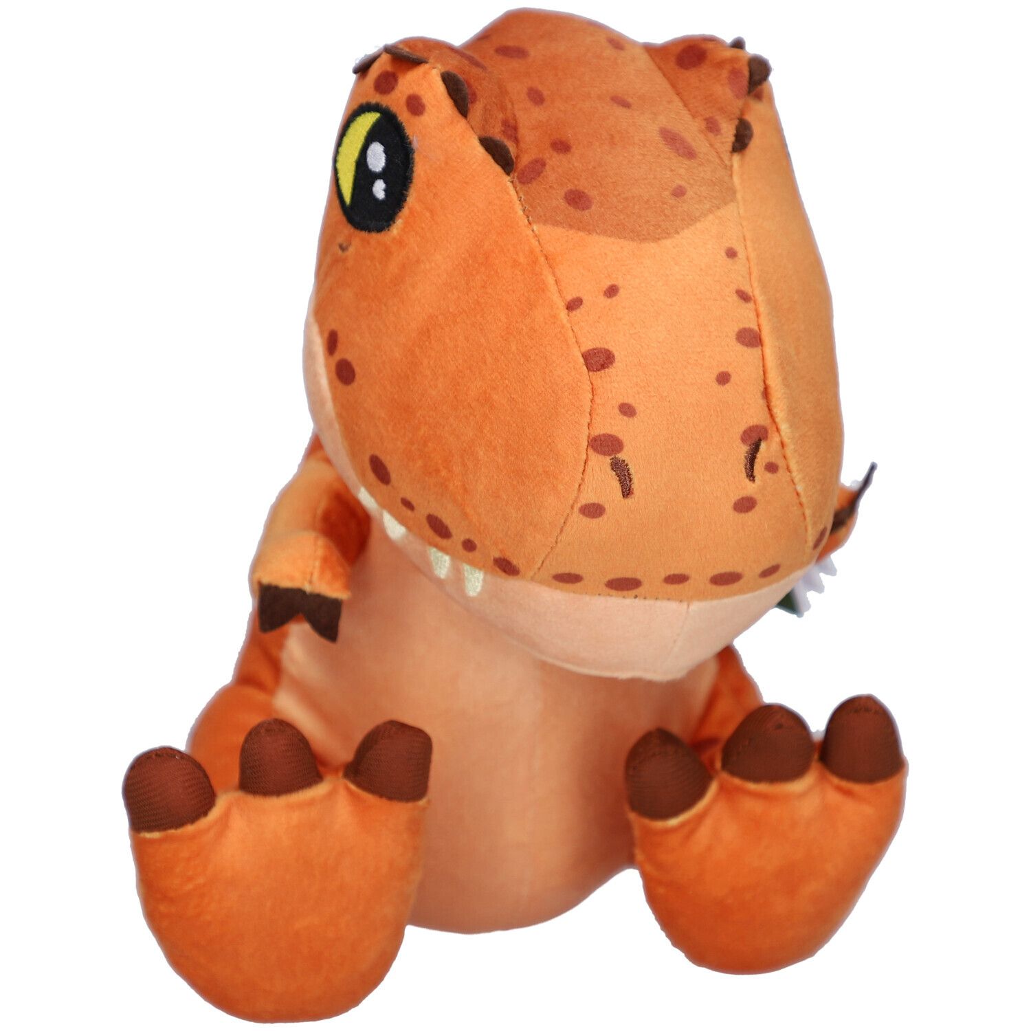 Orangefarbener T-Rex-Plüschtier mit braunen Flecken. Das Tier sitzt.