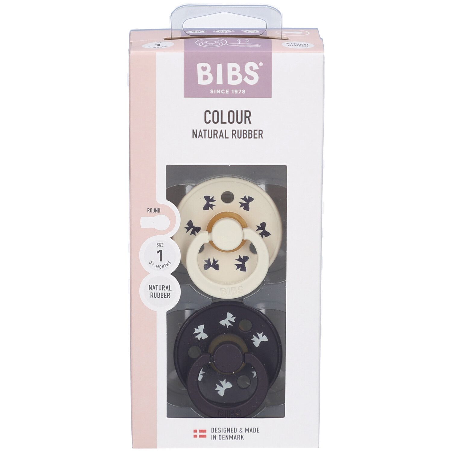 BIBS-Schnuller, 2 Stück, in Verpackung. Elfenbein/Pflaume, Größe 1. Naturgummi. Sichtfenster. Marke und Produktinformationen.