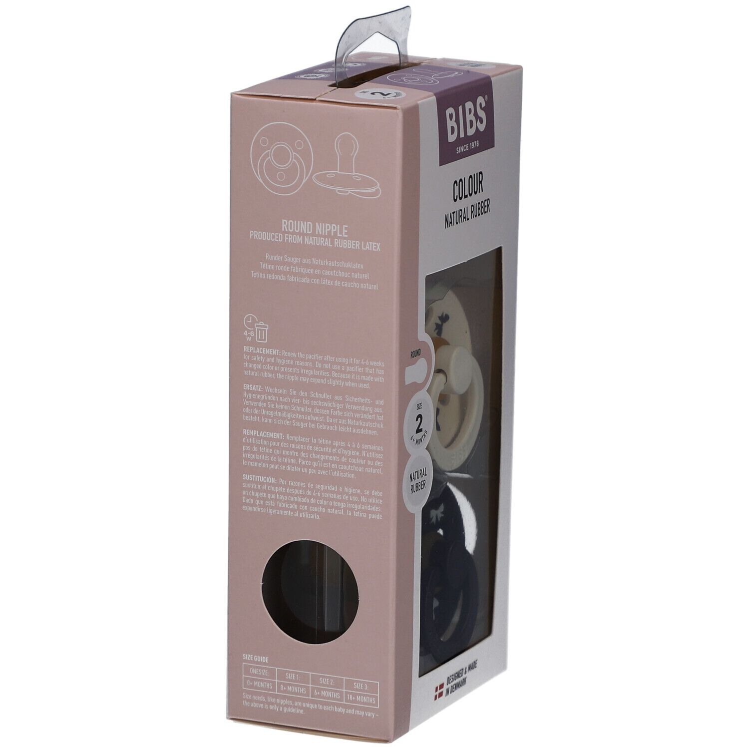 Verpackung mit zwei Schnullern. Aufdruck: runde Form, Latex. Marke BIBS. Rückseite mit Text und Warnhinweisen.