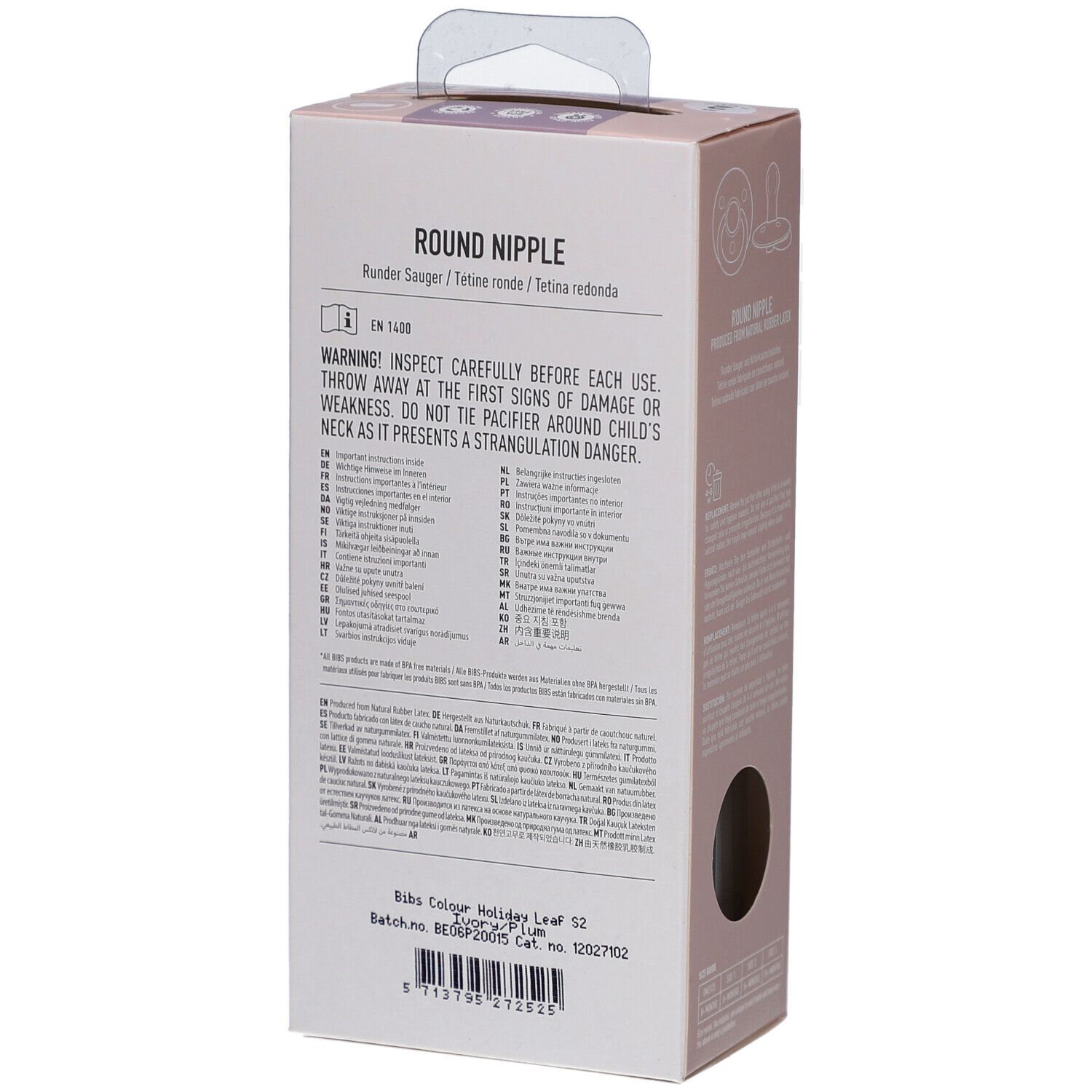 Rückseite der Verpackung. Text: Warnhinweise, Informationen zum Produkt. Marke BIBS. Chargennummer und Barcode.