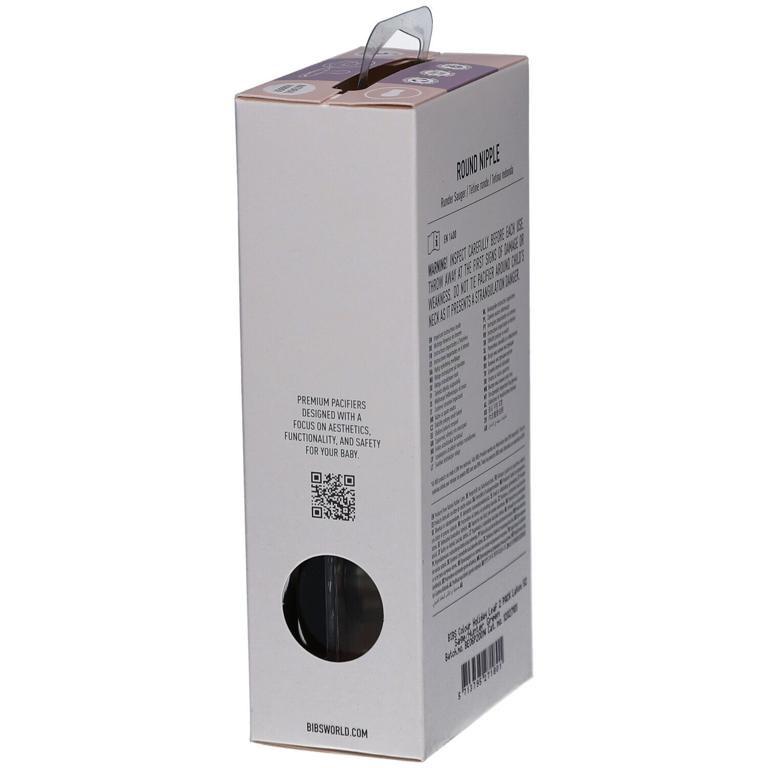 Seitenansicht der Verpackung mit zwei Schnullern. Text in mehreren Sprachen. Warnhinweis. Marke BIBS. QR-Code und Website.
