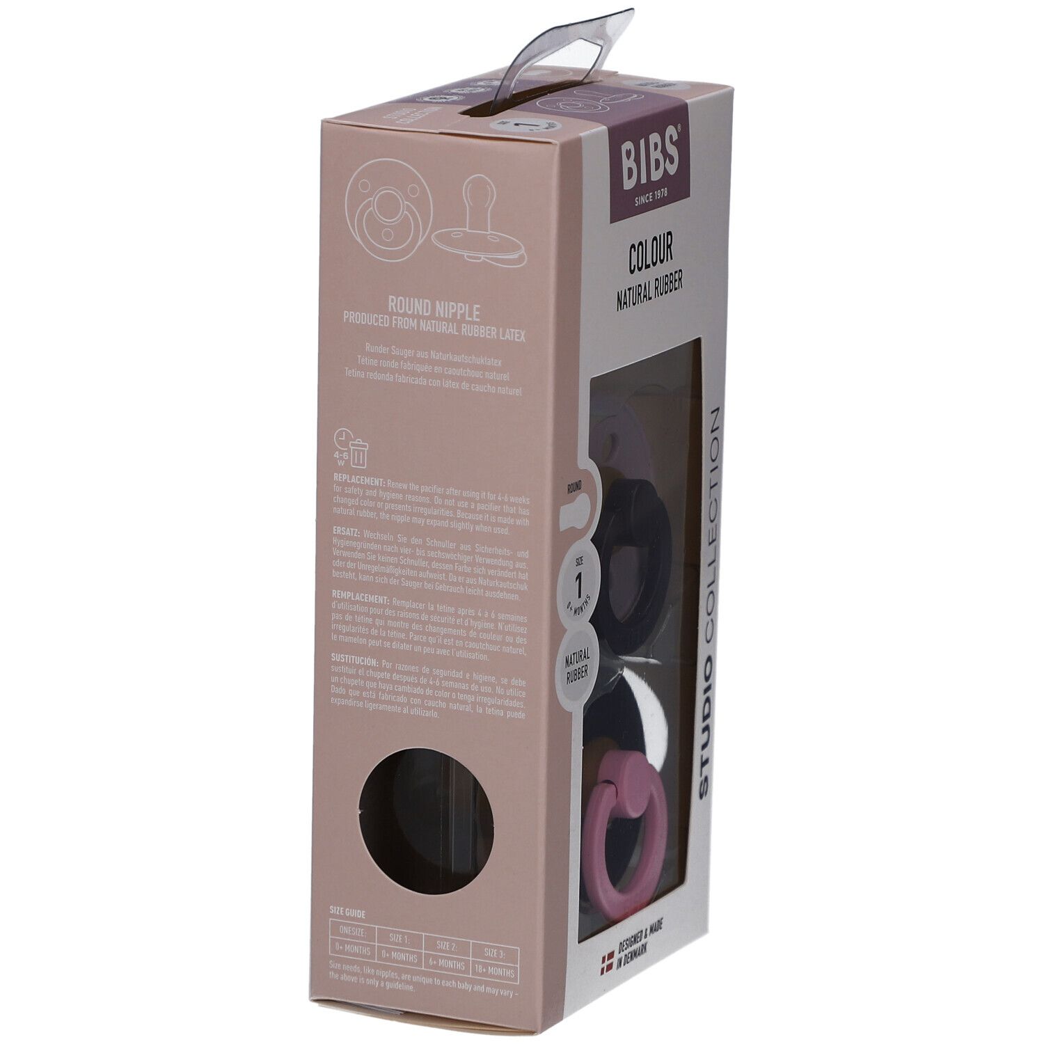Rückseite der Verpackung mit zwei Schnullern. BIBS-Logo, Text und Warnhinweise. Runde Form, Größe 1, 0-6 Monate.