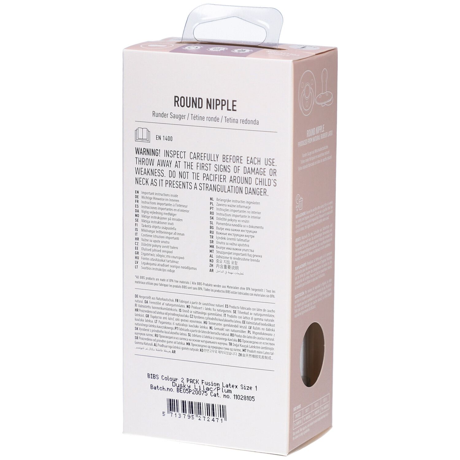 Rückseite der Verpackung mit Warnhinweisen und Produktinformationen. BIBS-Logo, runde Form, Größe 1.