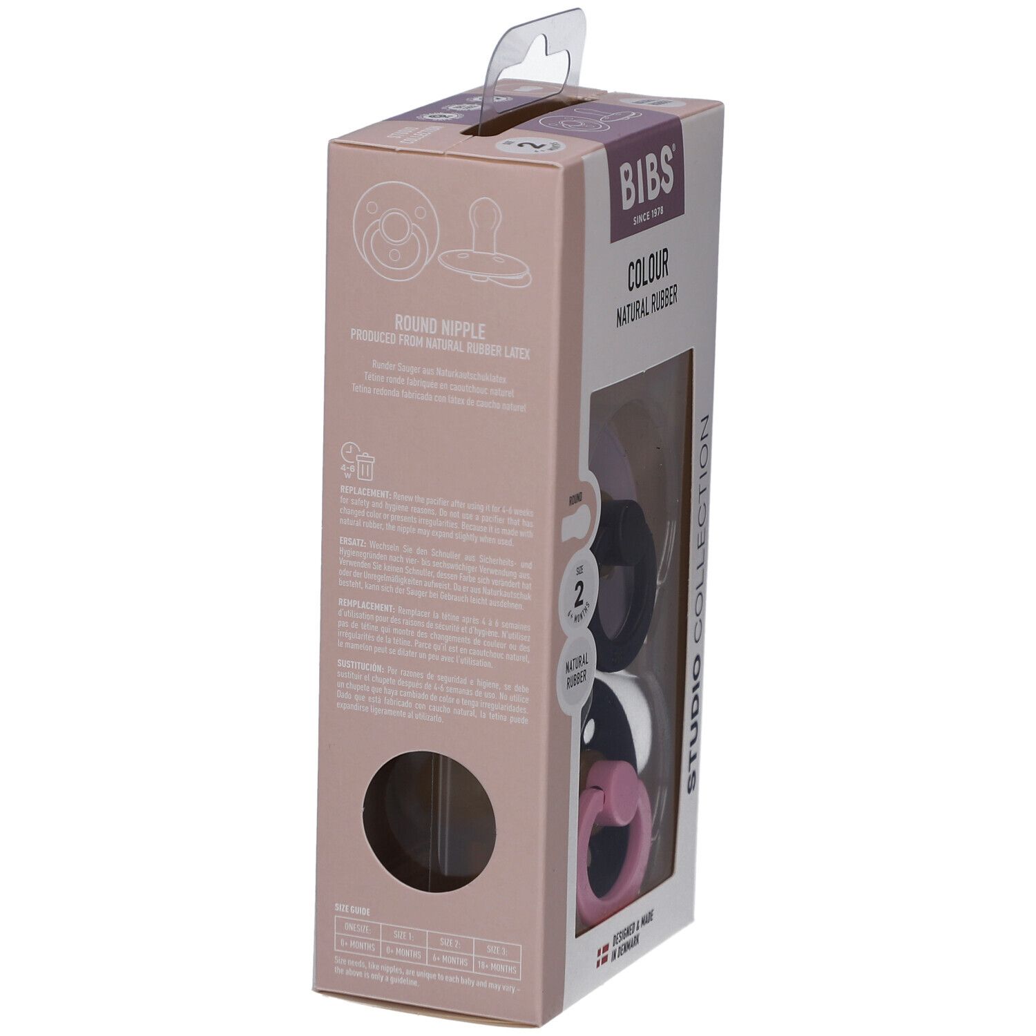 Rückseite der Verpackung mit zwei Schnullern. Marke BIBS, Farbe Lilac/Plum, Naturkautschuk. Größe 2, für 6-18 Monate.