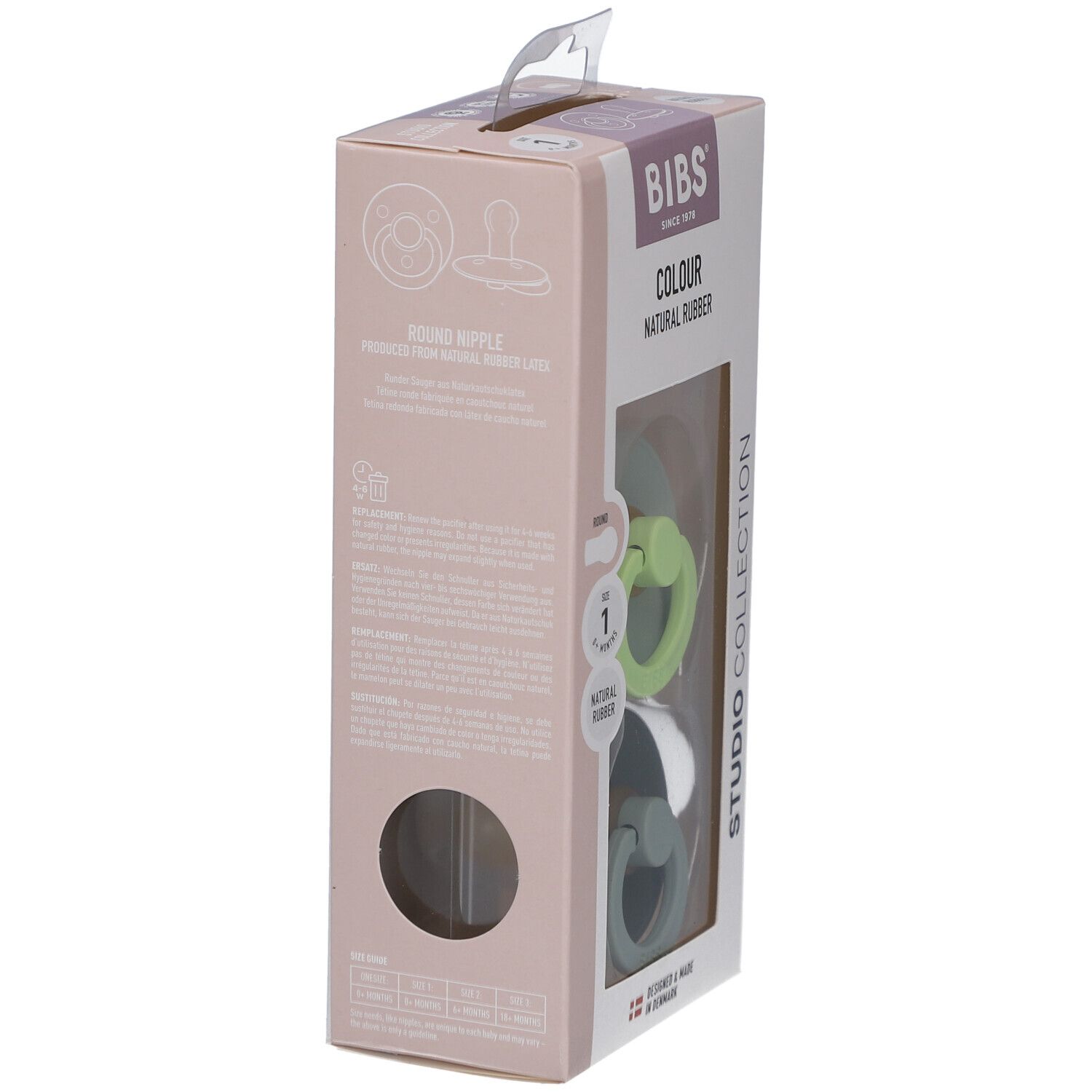Verpackung mit zwei Schnullern. Marke: BIBS. Rückseite mit Text und Produktinformationen. Größe 1, 0-6 Monate.