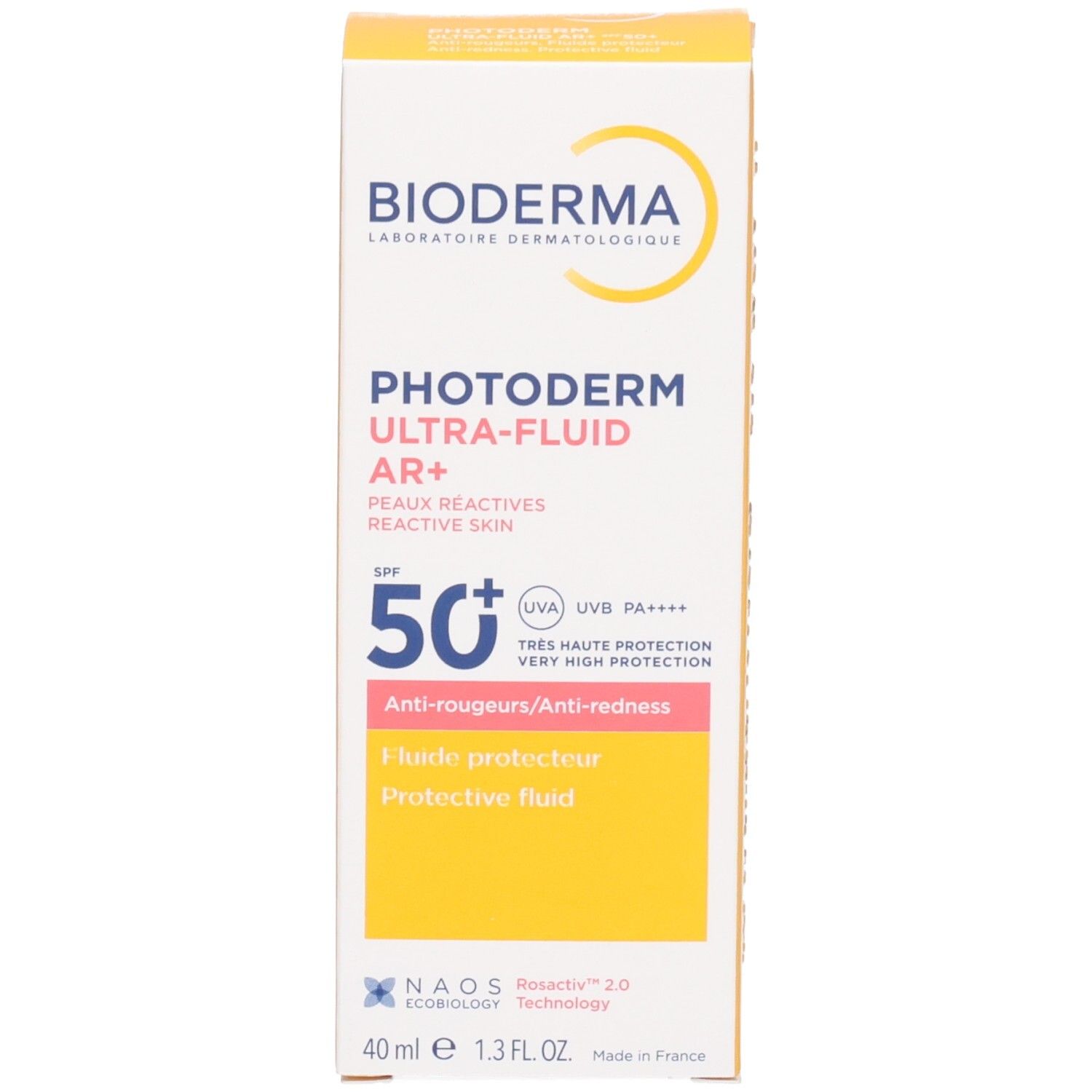 Gelbe Schachtel. Aufschrift: Bioderma, Photoderm Ultra-Fluid AR+, SPF 50+. Anti-Rötungen. 40 ml.