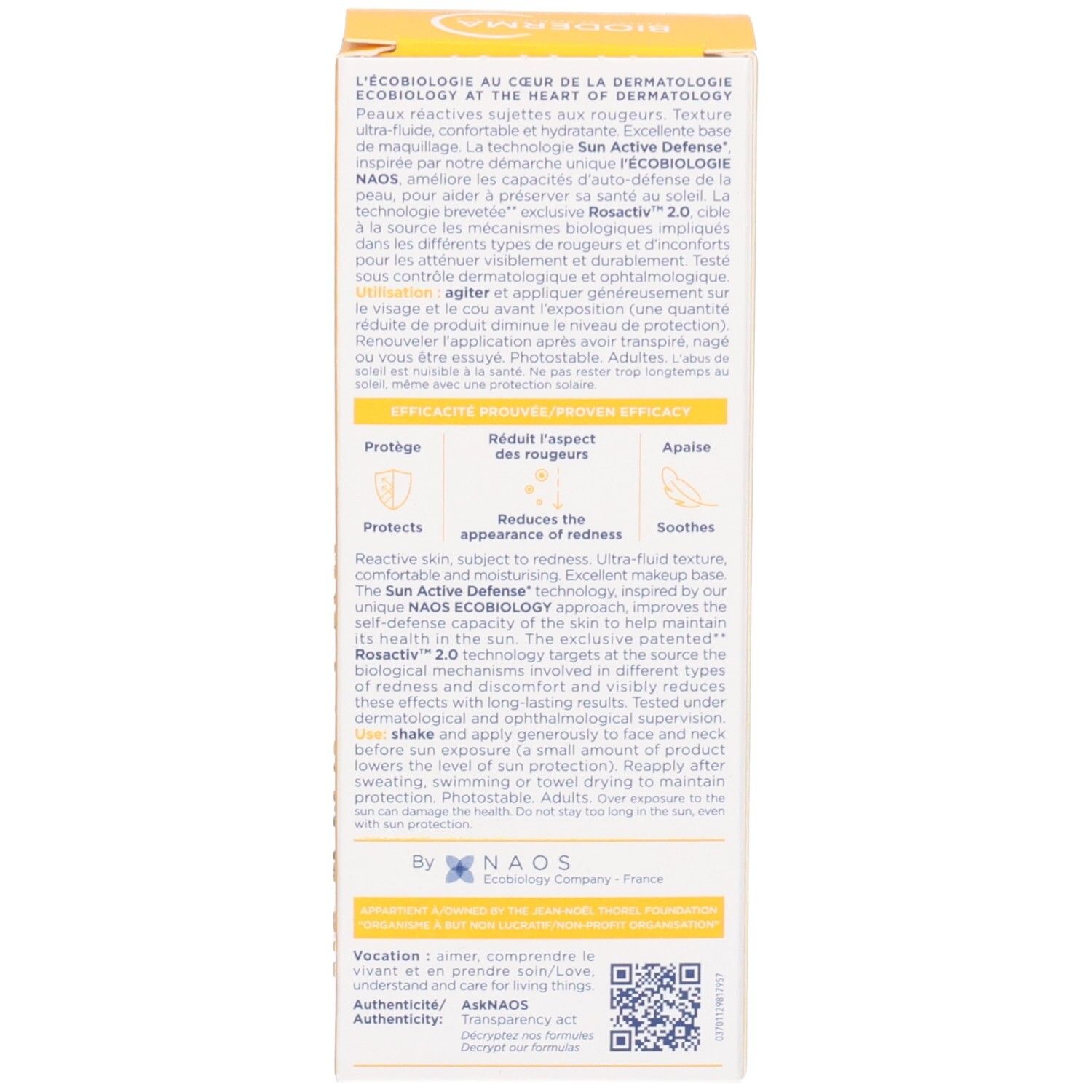Rückseite der Schachtel. Text über die Inhaltsstoffe und Anwendung. NAOS Ecobiology. QR-Code.