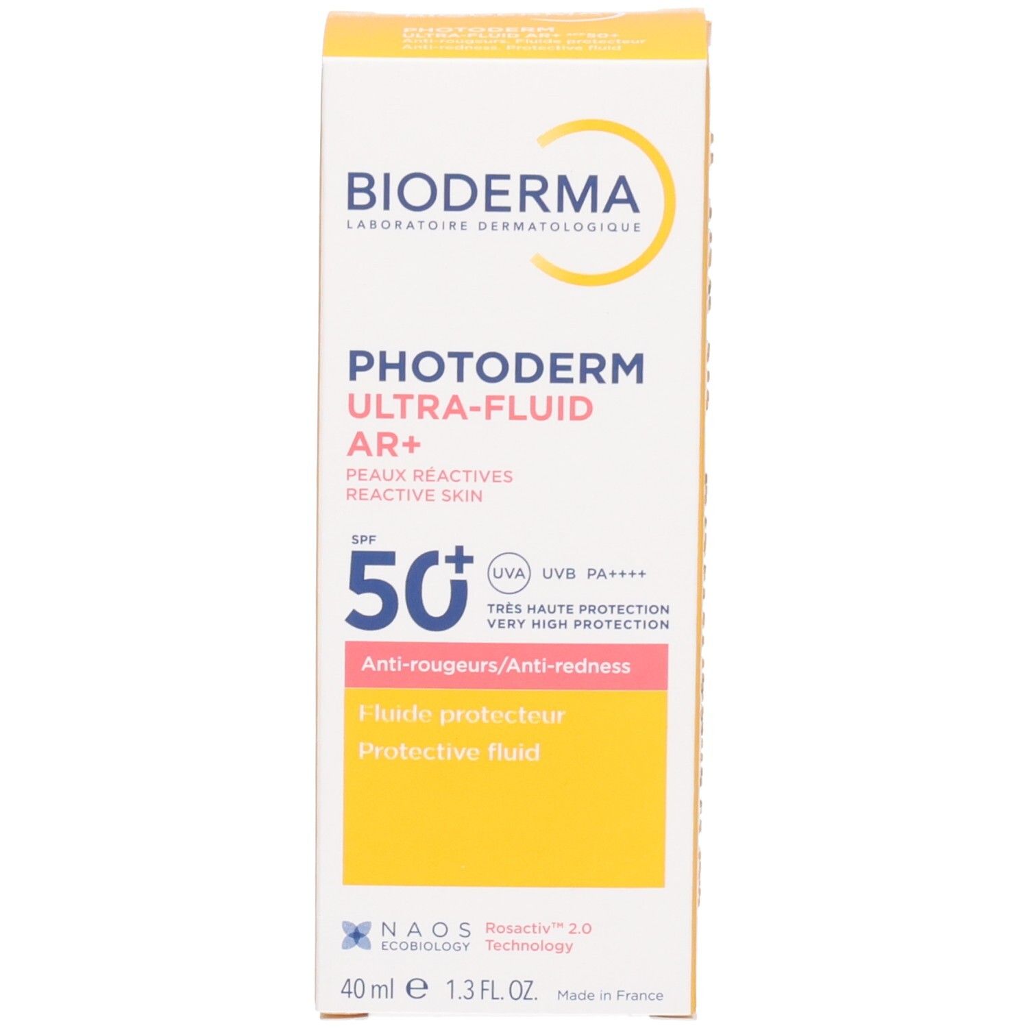 Gelbe Schachtel. Aufschrift: Bioderma, Photoderm Ultra-Fluid AR+, SPF 50+. Anti-Rötungen. 40 ml.