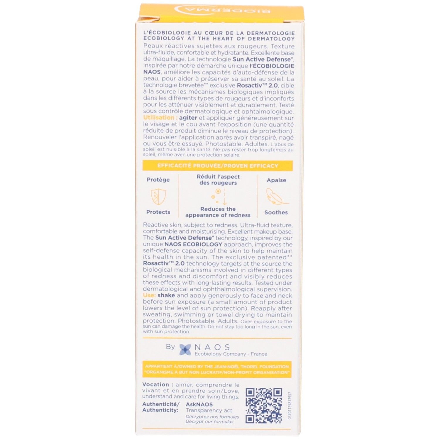 Rückseite der Schachtel. Text über die Inhaltsstoffe und Anwendung. NAOS Ecobiology. QR-Code.