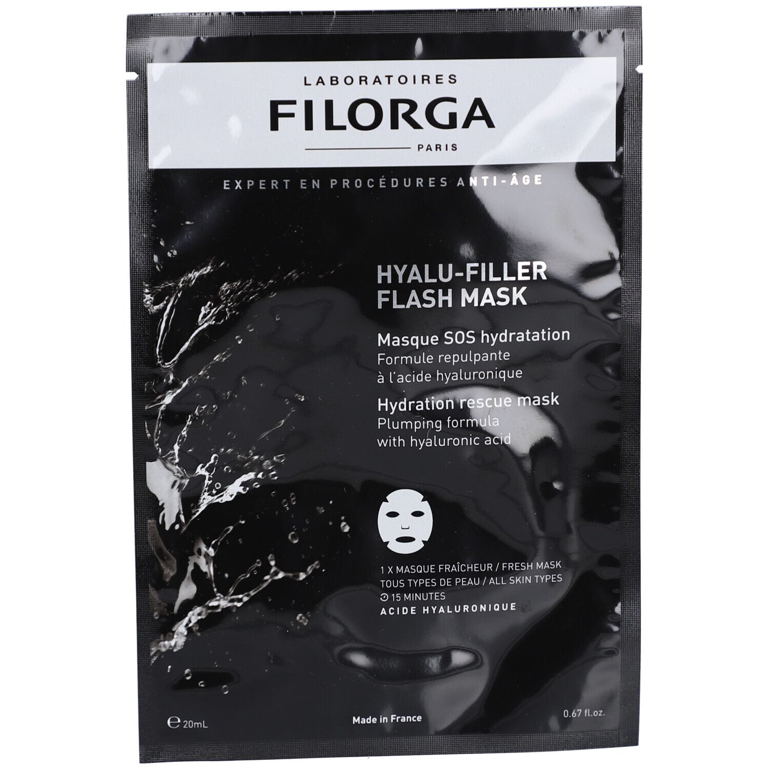 Schwarze Einzelpackung mit weißer Schrift. Enthält eine Gesichtsmaske. Aufschrift: Filorga, Hyalu-Filler Flash Mask.