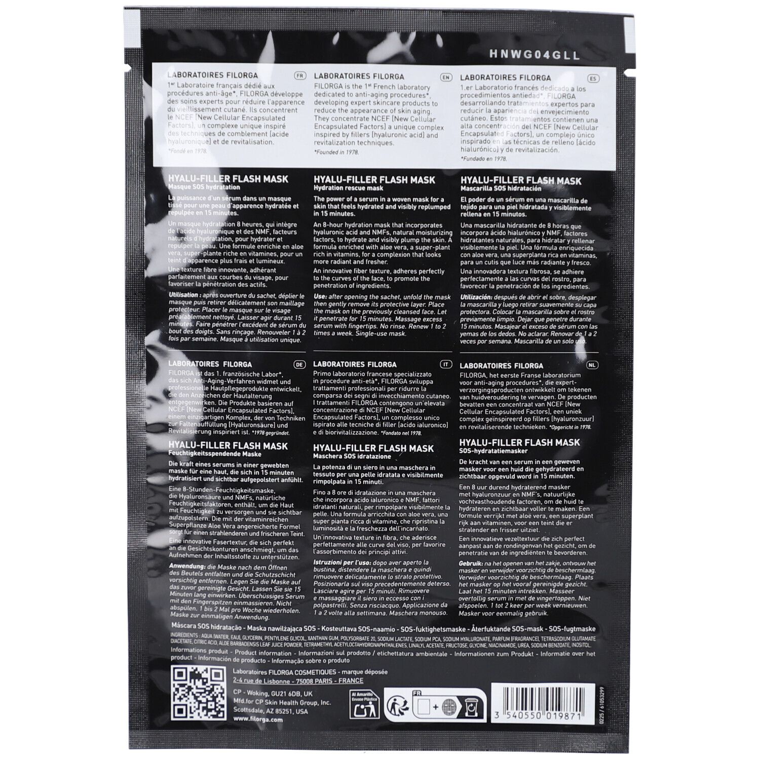 Rückseite der schwarzen Einzelpackung. Text in mehreren Sprachen. Enthält Informationen zur Gesichtsmaske.