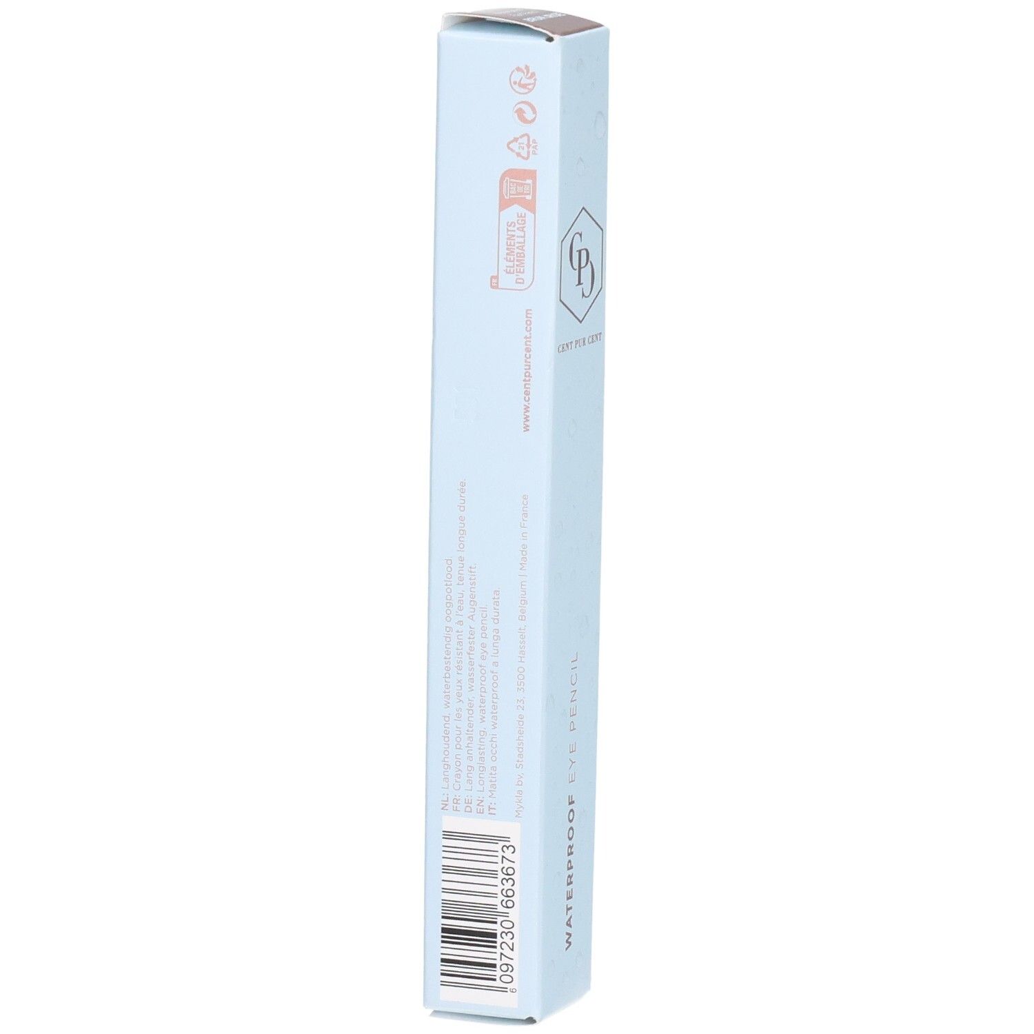 Rückseite der Verpackung des Cent Pur Cent Crayon Yeux Waterproof. Text und Barcode.