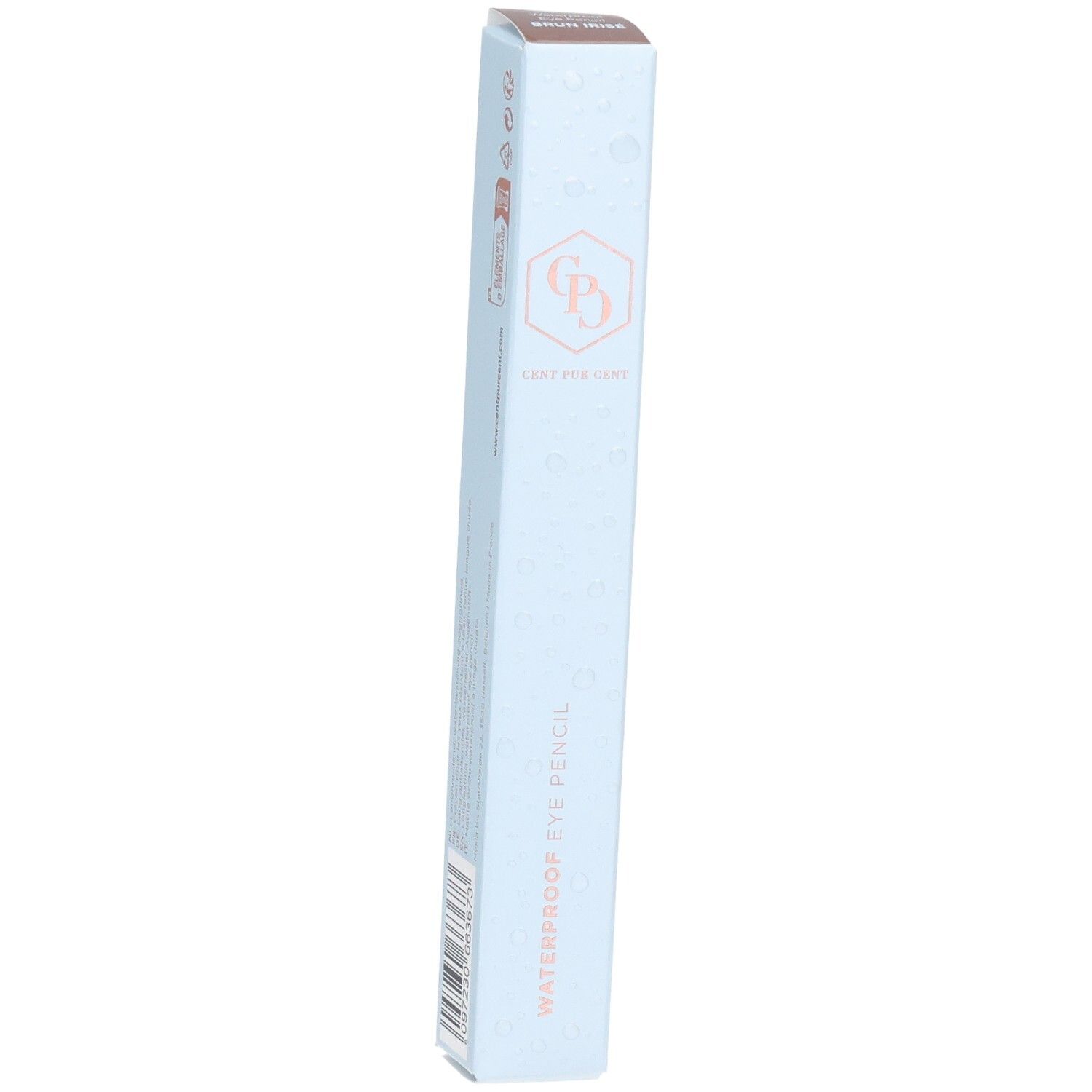 Schachtel mit Cent Pur Cent Crayon Yeux Waterproof. Hellblaue Verpackung, Markenlogo und Produktbezeichnung.
