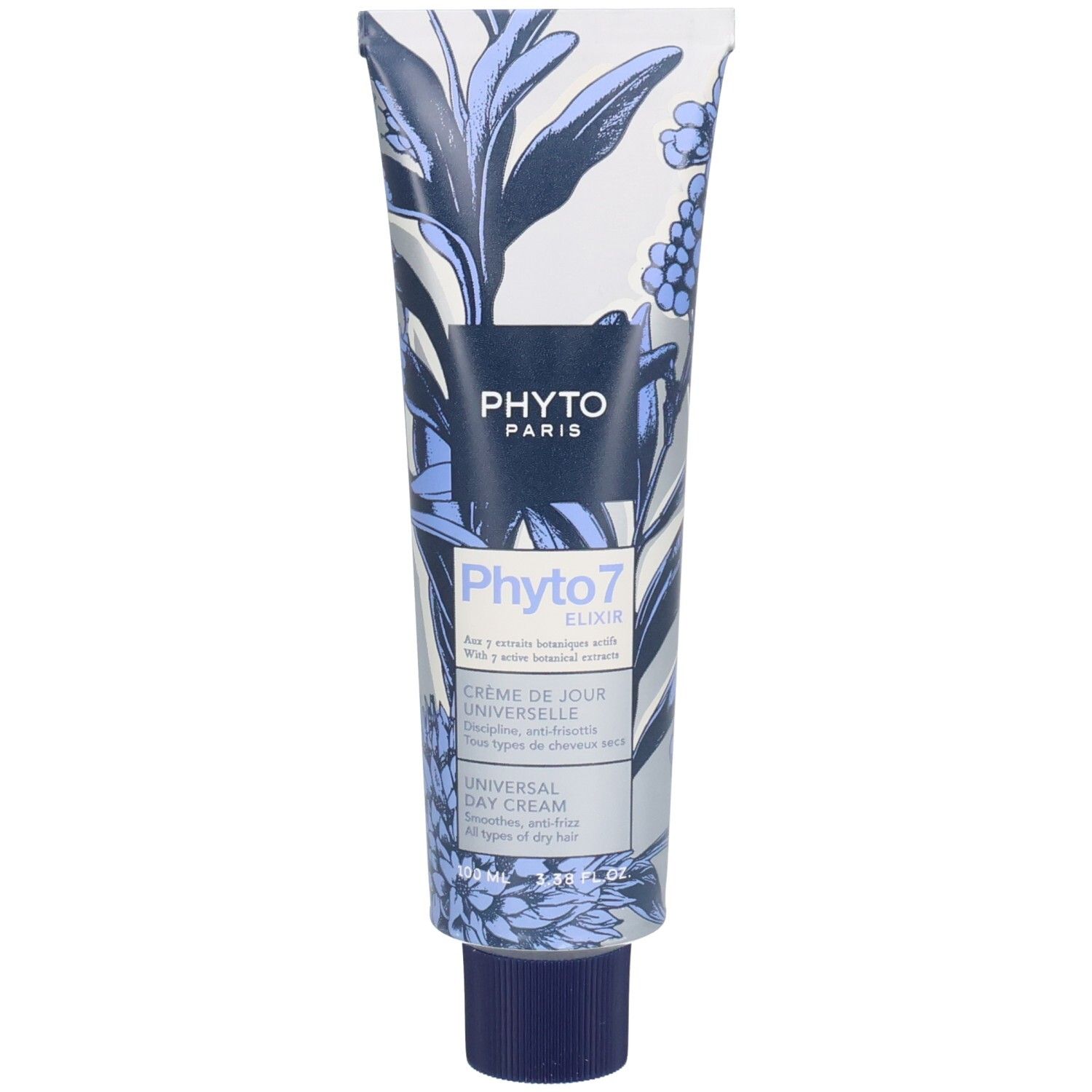 Creme-Tube mit floralem Muster. Aufschrift: Phyto Paris, Phyto 7 Elixir, Crème de jour universelle, Universal Day Cream.