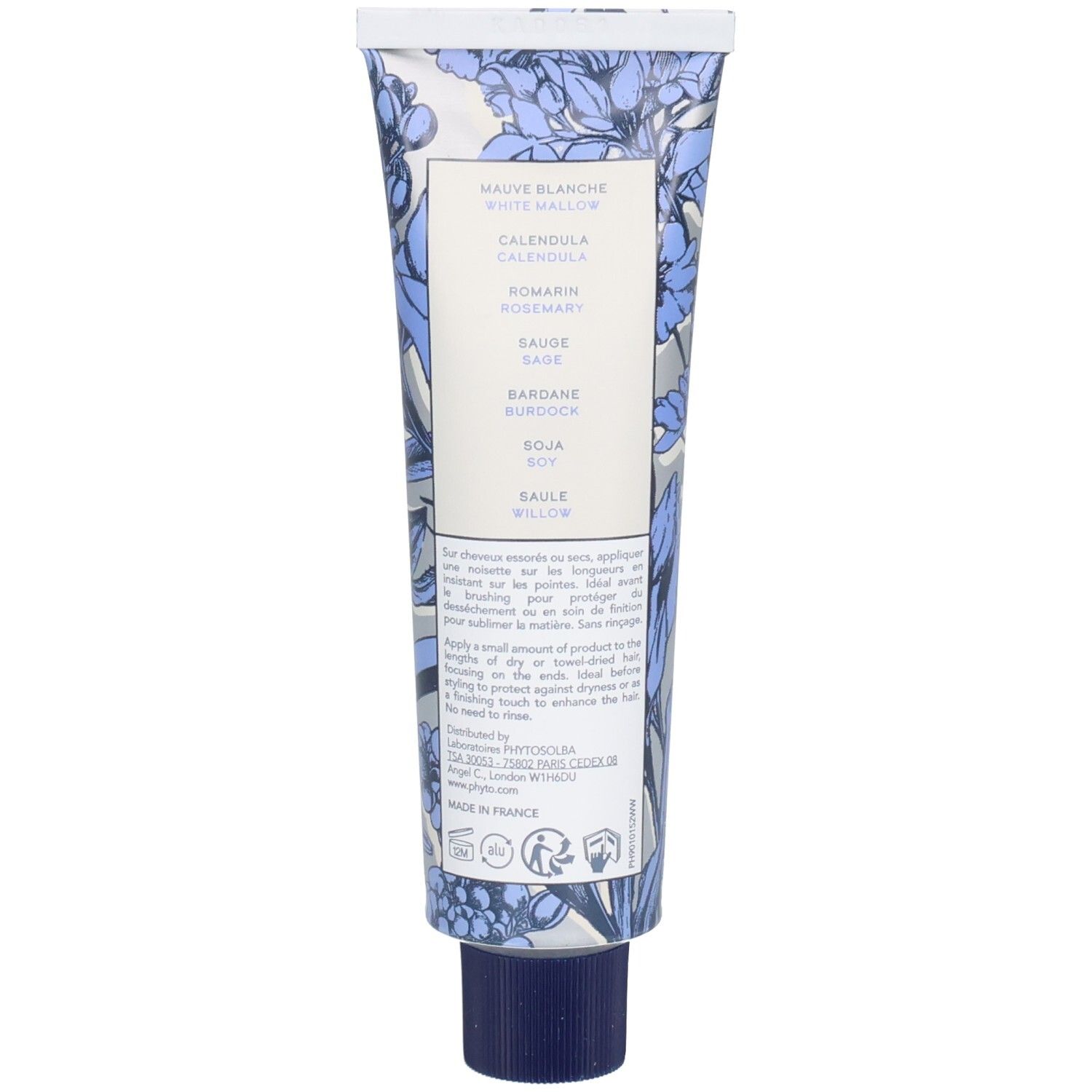 Rückseite der Creme-Tube. Aufgedruckte Inhaltsstoffe und Informationen. Floralmuster.