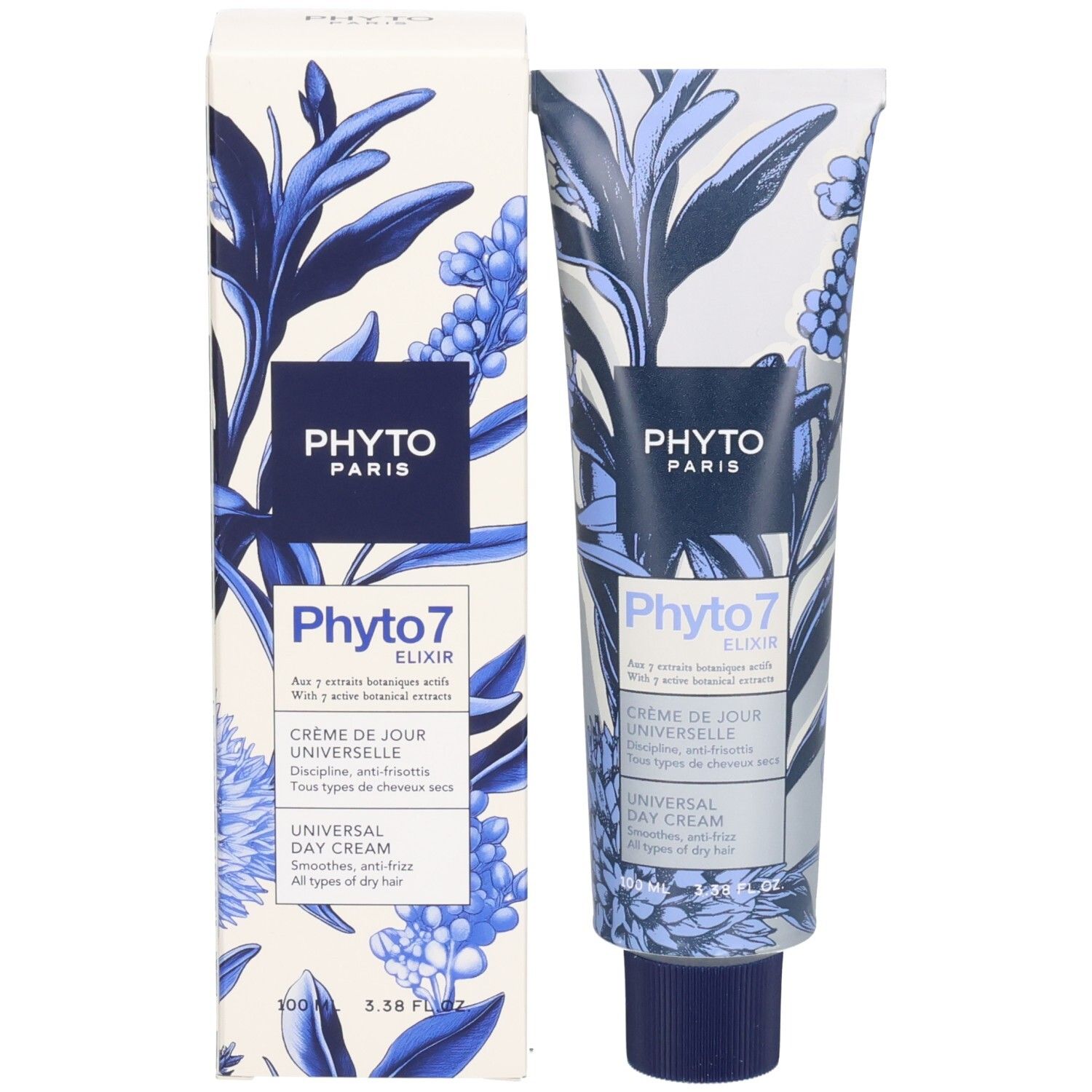 Produktverpackung mit Tube und Schachtel. Aufschrift: Phyto Paris, Phyto 7 Elixir, Crème de jour universelle, Universal Day Cream.