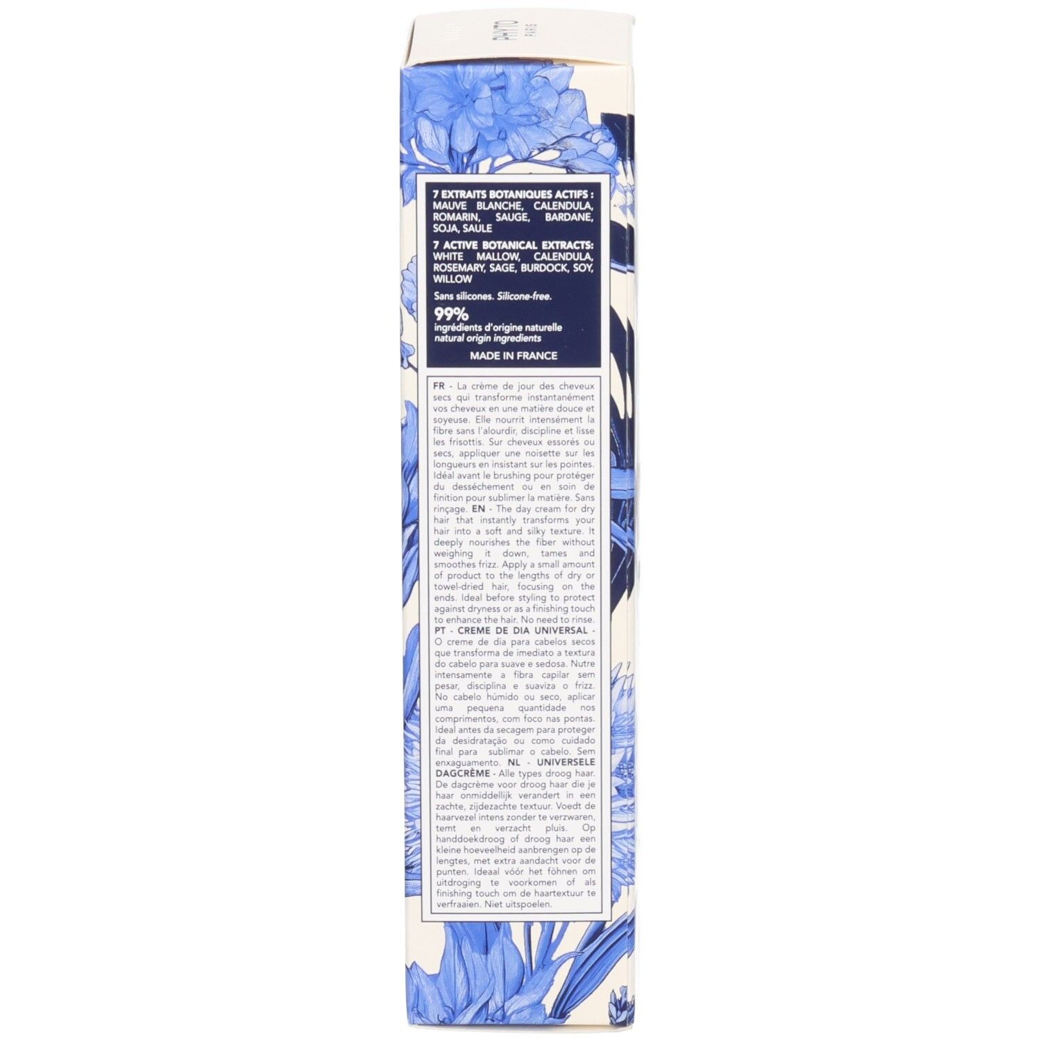 Rückseite der Produktverpackung. Aufgedruckte Inhaltsstoffe und Informationen. Floralmuster.