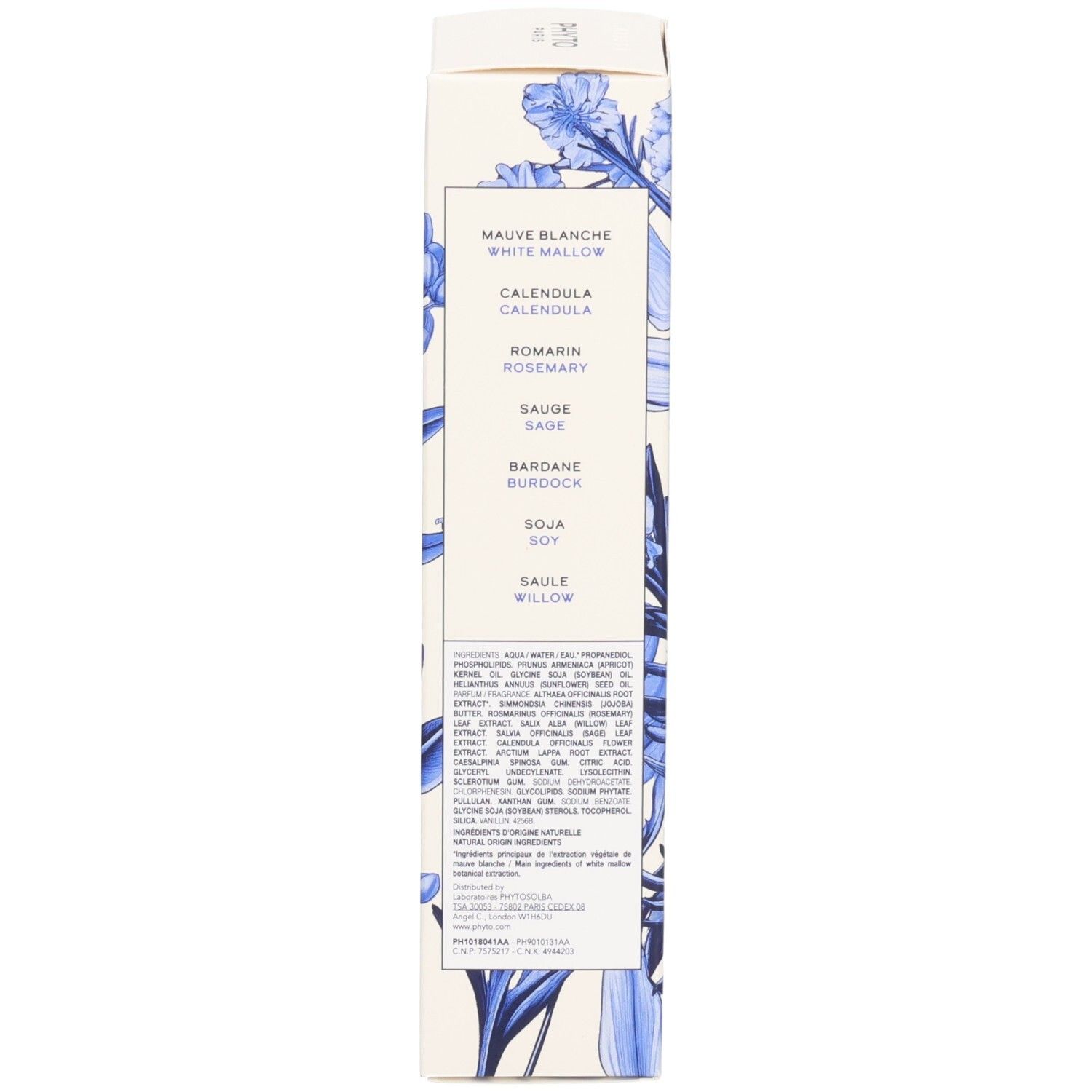 Rückseite der Produktverpackung. Aufgedruckte Inhaltsstoffe und Informationen. Floralmuster.