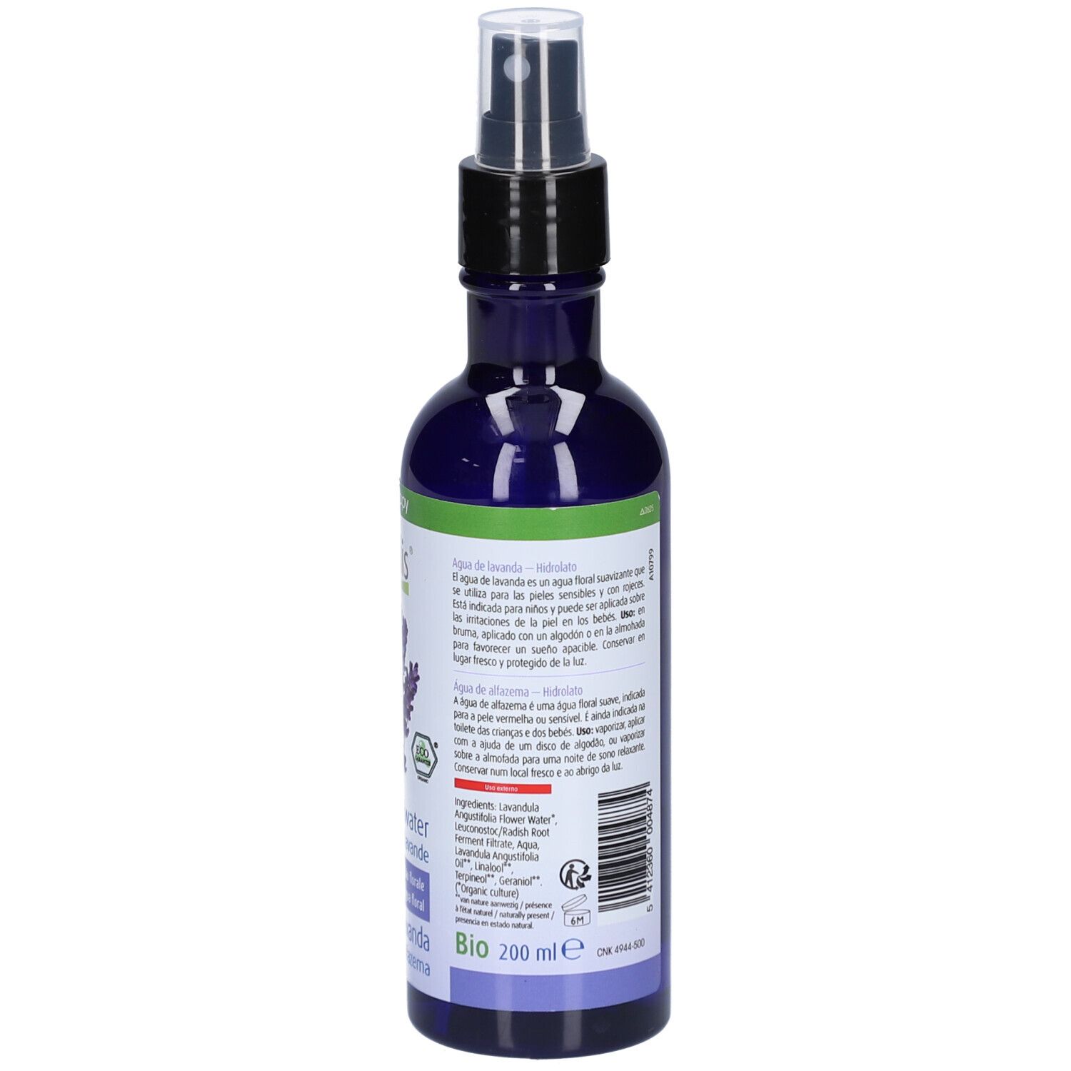 Rückseite des blauen Glasbehälters mit Text. Aufschrift: Lavendelwater. Text in Niederländisch, Französisch, Deutsch, Spanisch. Bio-Logo. 200 ml.