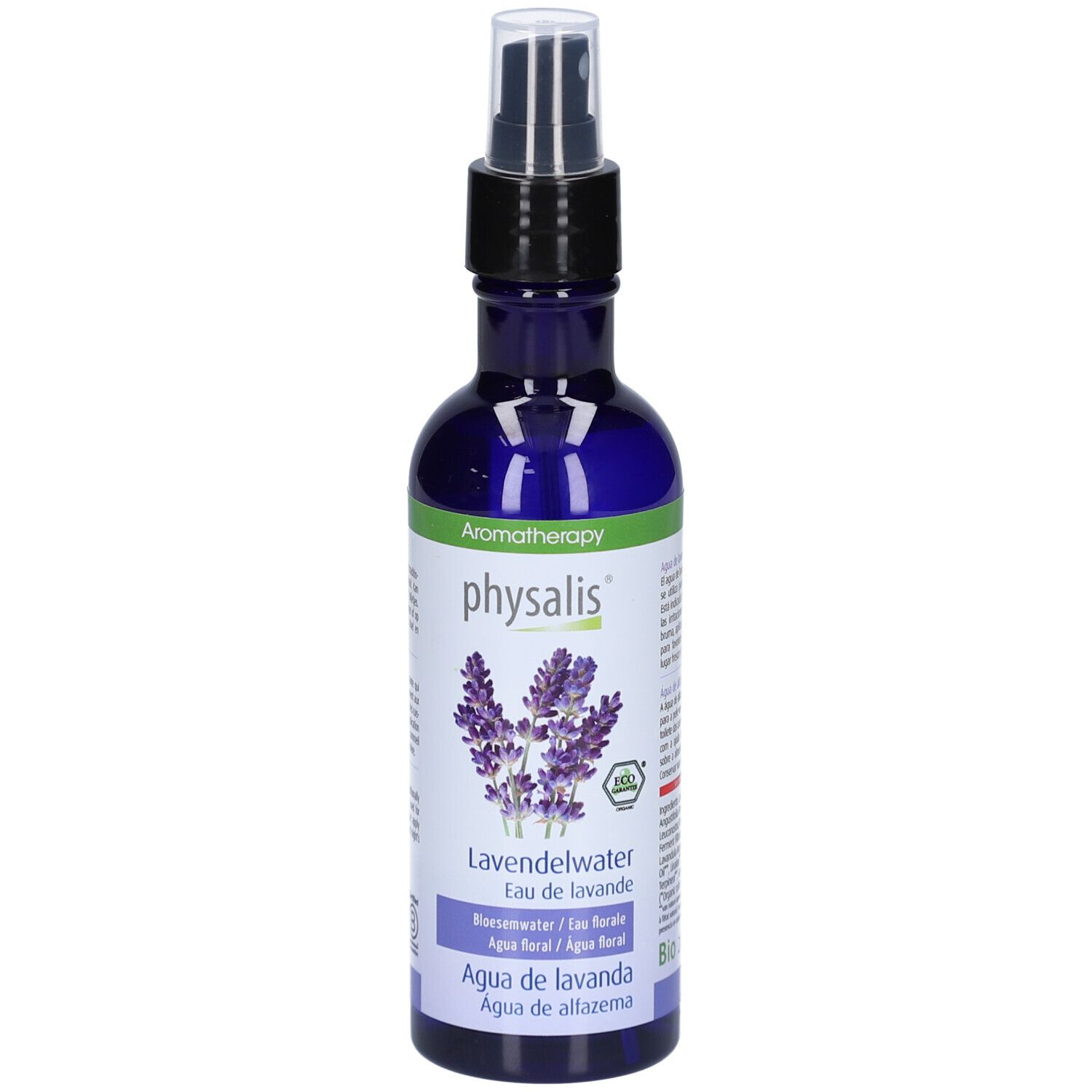 Blaues Glas mit Zerstäuber. Aufschrift: Aromatherapy, physalis, Lavendelwater, Eau de lavande, Agua de lavanda. Abbildung von Lavendel.