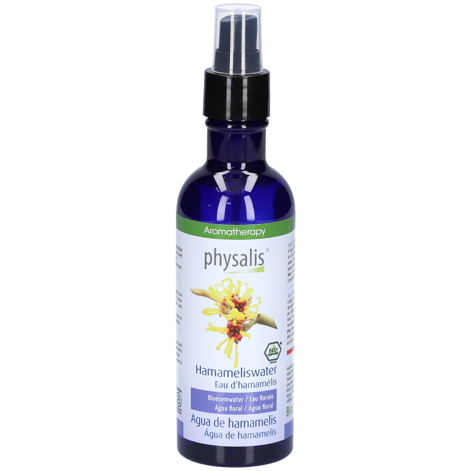 Blaues Glasfläschchen mit Sprühkopf. Aufschrift: physalis, Hamameliswater, Eau d'hamamélis. Mit floraler Abbildung und Bio-Siegel.