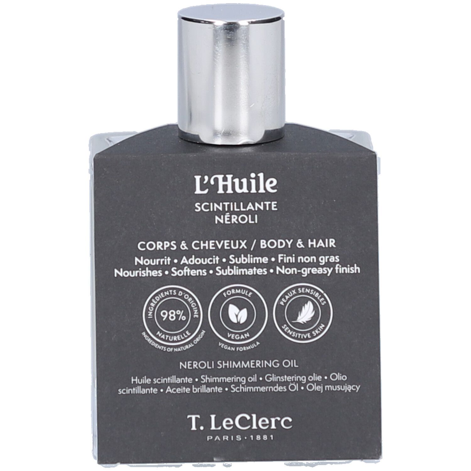 Glasflasche mit schwarzem Etikett. Text: L'Huile Scintillante Néroli, Corps & Cheveux/Body & Hair, T. LeClerc. Zertifizierungen.