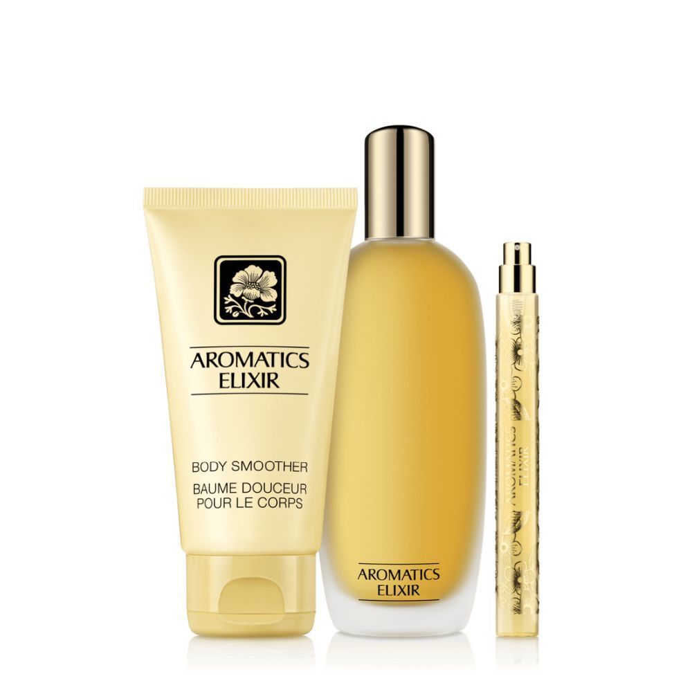 Drei Produkte: Körperbalsam, Parfümflakon und Zerstäuber. Aufschrift Aromatic Elixir. Creme- und goldfarben.