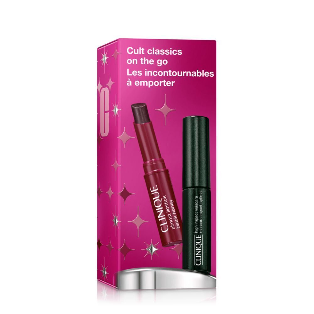 Rosa Geschenkbox mit Mascara und Lippenstift. Text: Clinique, Cult classics on the go. Sterne-Design.