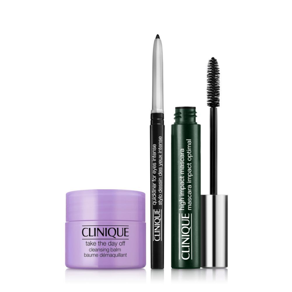 Clinique Eye Essentials Set. Enthält Mascara, Eyeliner und Augen-Make-up-Entferner. Produkte auf silberner Basis.