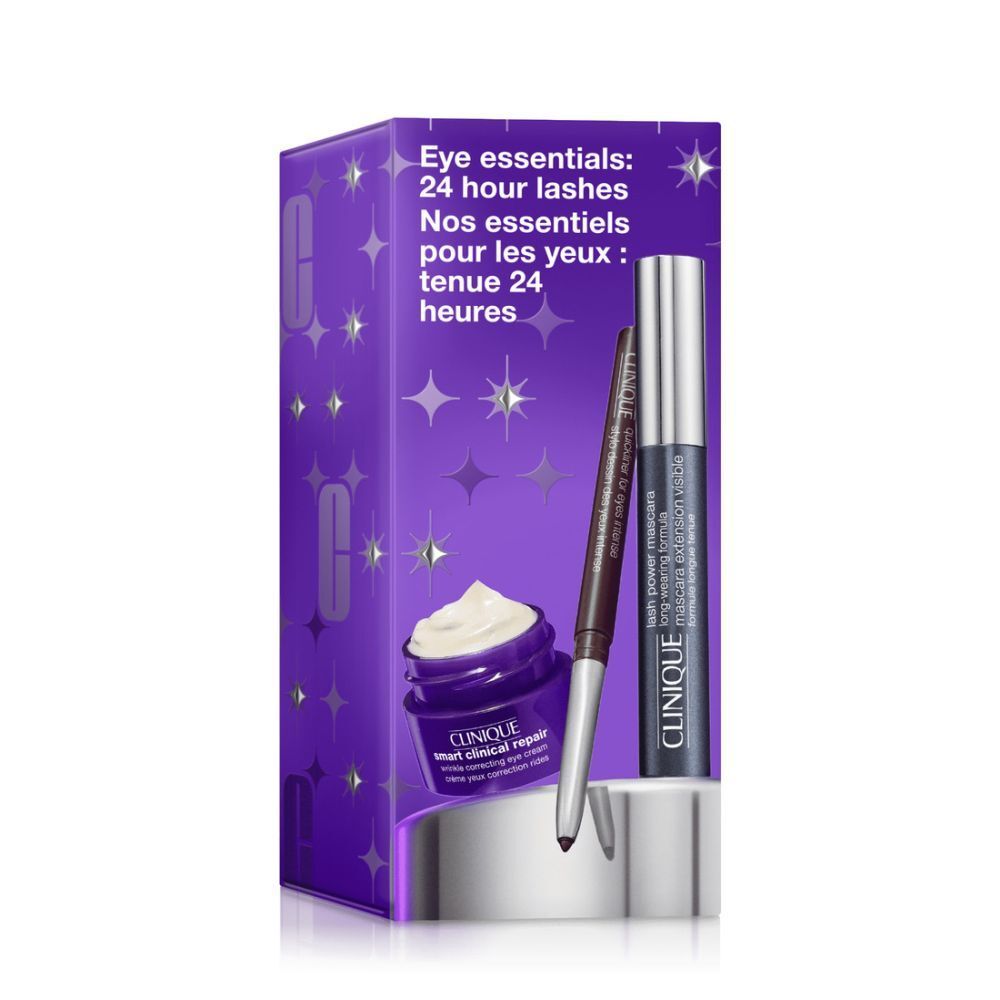 Clinique Eye Essential Set. Lila Verpackung mit Mascara, Eyeliner und Augencreme. Produktnamen und Sterne als Designelemente.
