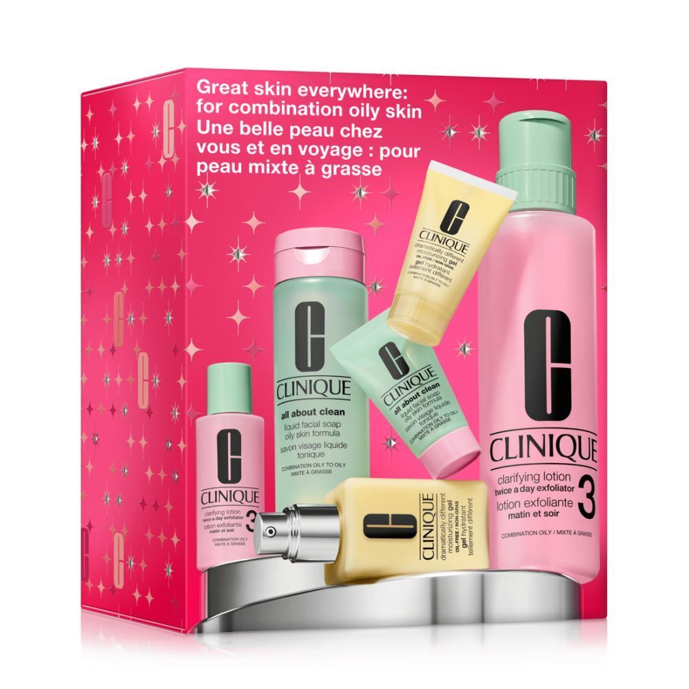 Geschenkset mit Hautpflegeprodukten. Rosa Verpackung mit Sternenmuster. Enthält Flaschen, Tuben und Tiegel mit Clinique-Logo.