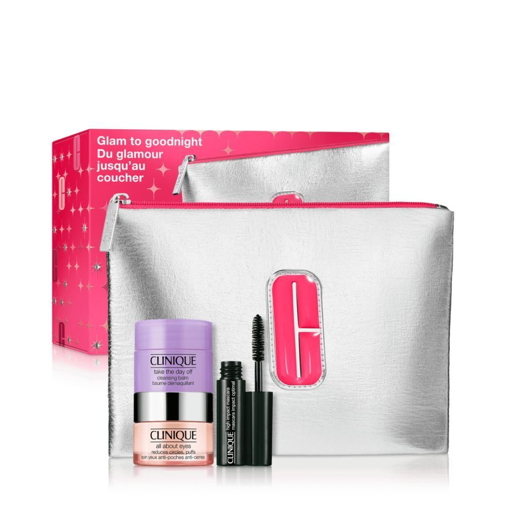 Silberne Kosmetiktasche mit rosa Reißverschluss und Clinique-Logo. Enthält Augencreme, Mascara und Augen-Make-up-Entferner.