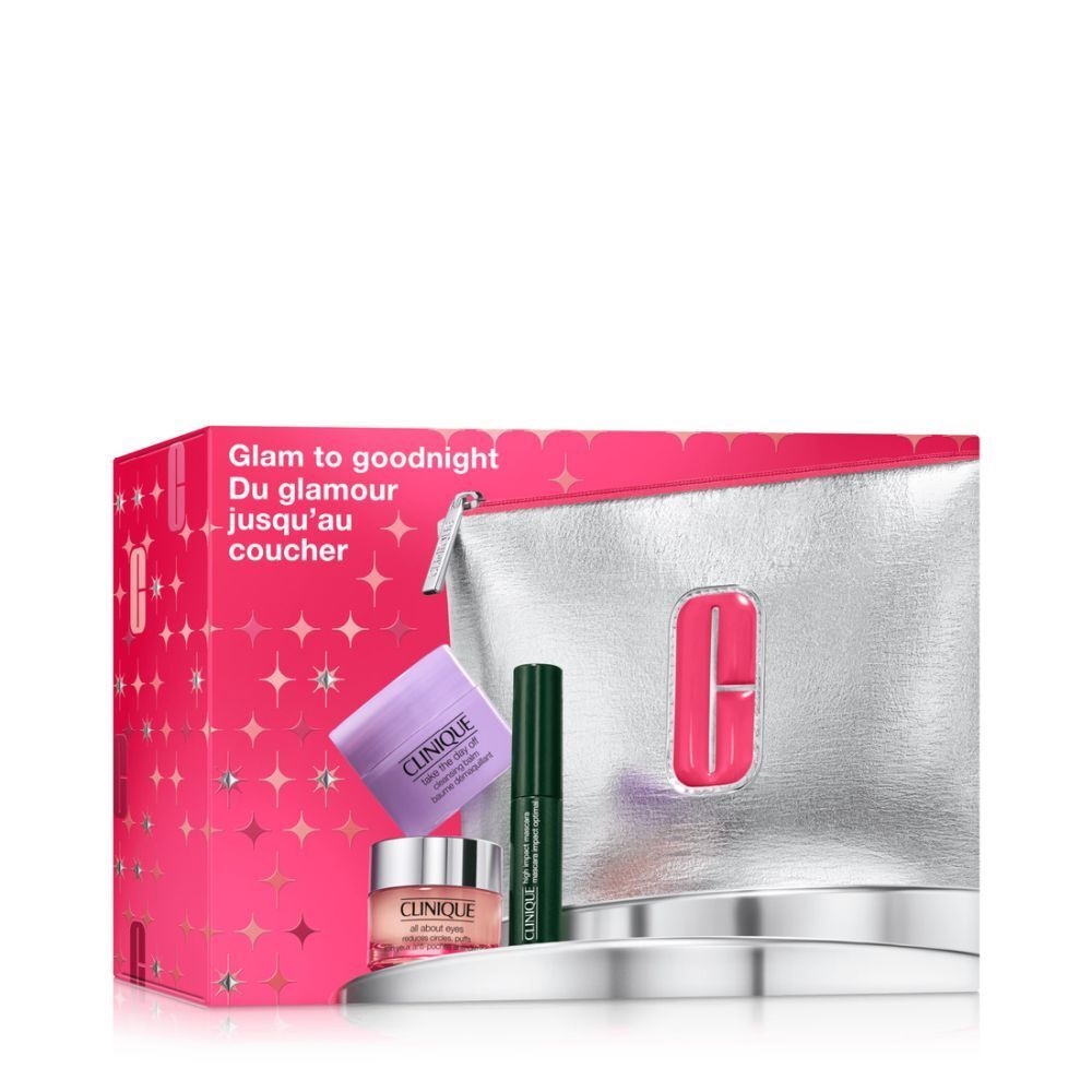 Geschenkbox mit silberner Kosmetiktasche, Clinique-Produkten und rosa Akzenten. Enthält Augencreme, Mascara und Entferner.