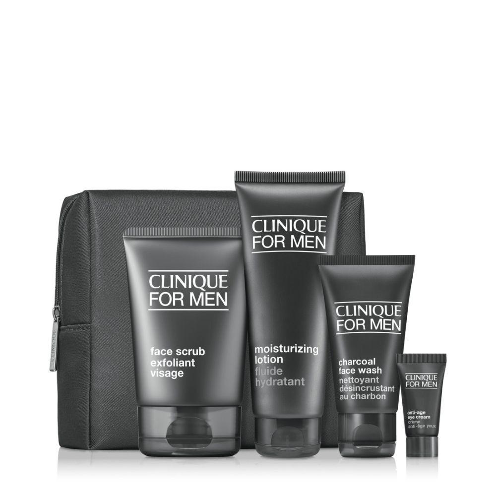 Geschenkset mit Produkten für Männer. Enthält Gesichtsreinigung, Peeling, Lotion, Augencreme und eine schwarze Kosmetiktasche.