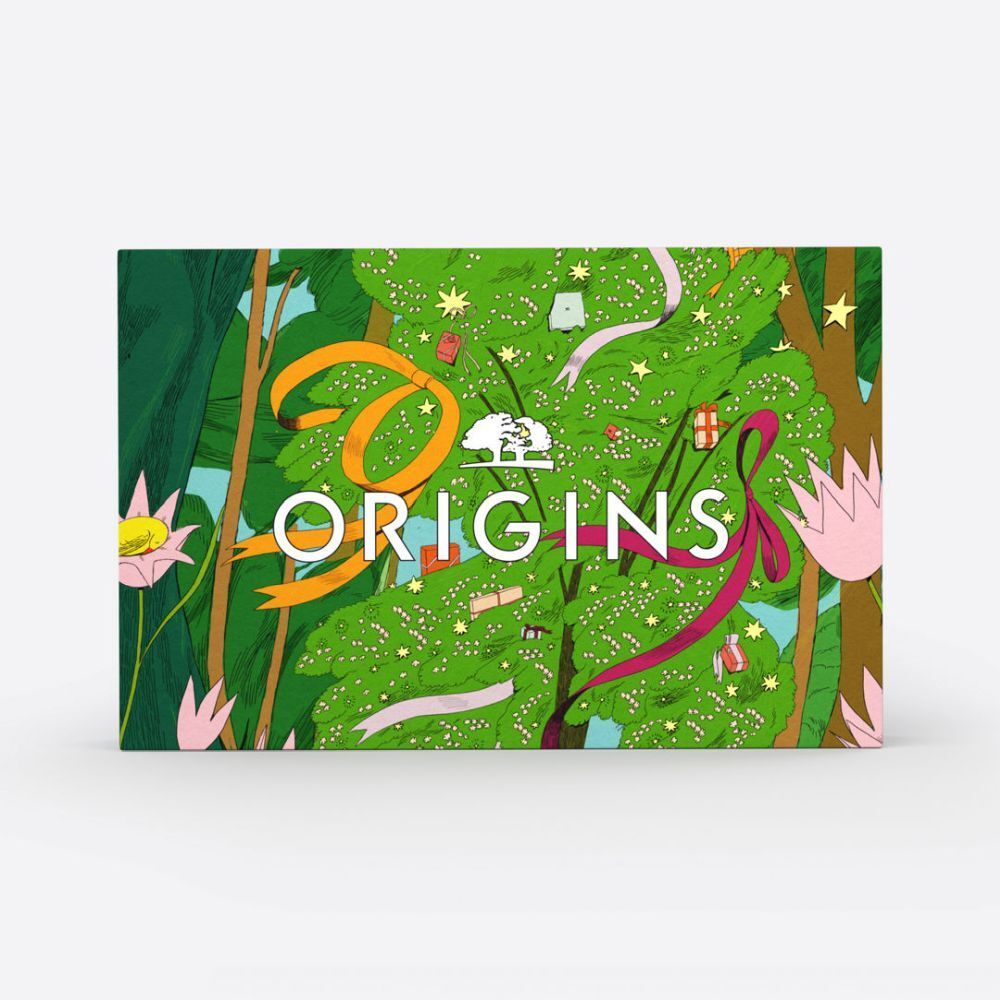 Verpackung mit grünem Design und Logo. Aufschrift: Origins. Enthält vier Tuben Gesichtsmasken.