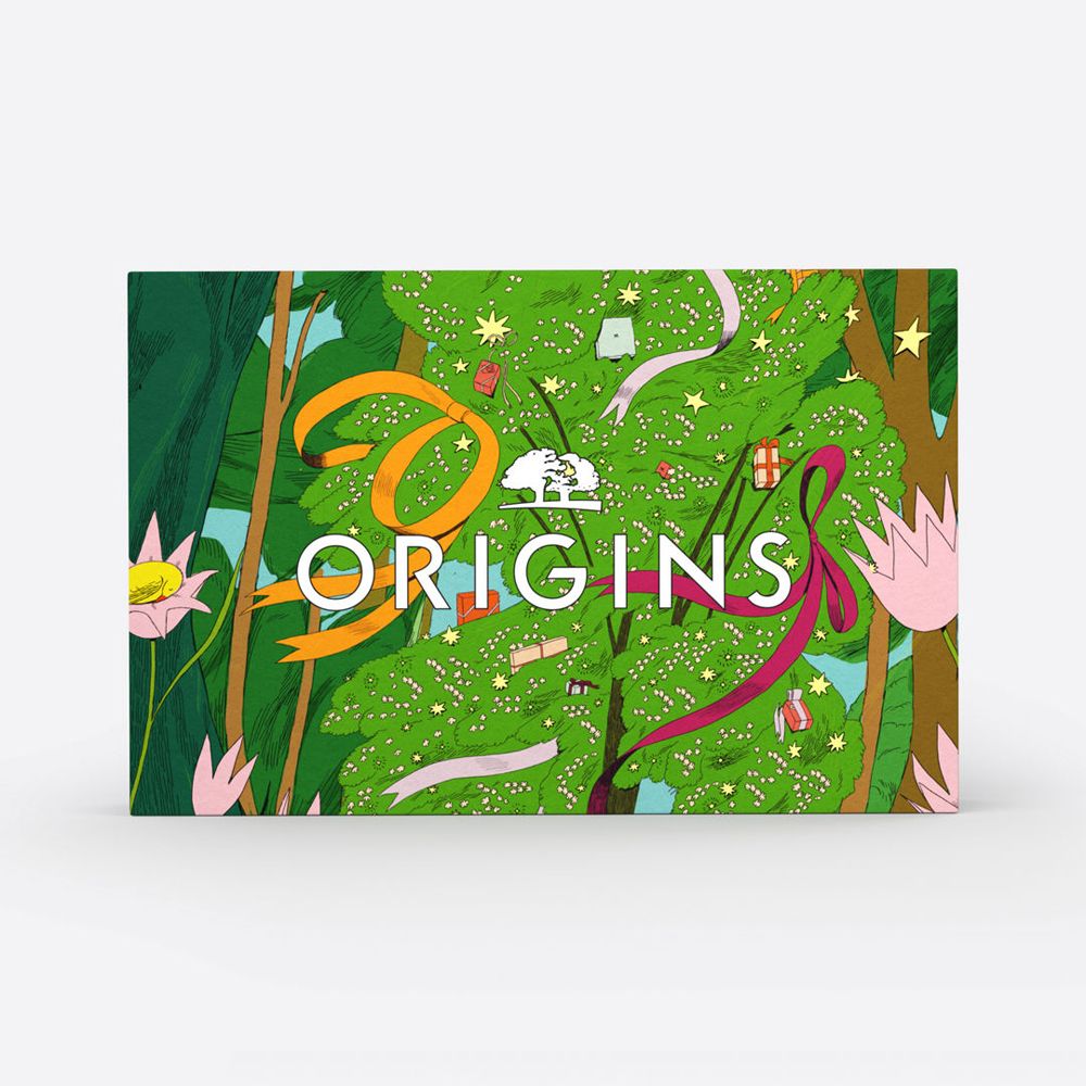 Grüne Verpackung mit Logo und Design. Aufschrift: Origins. Enthält vier Tuben Gesichtsmasken.