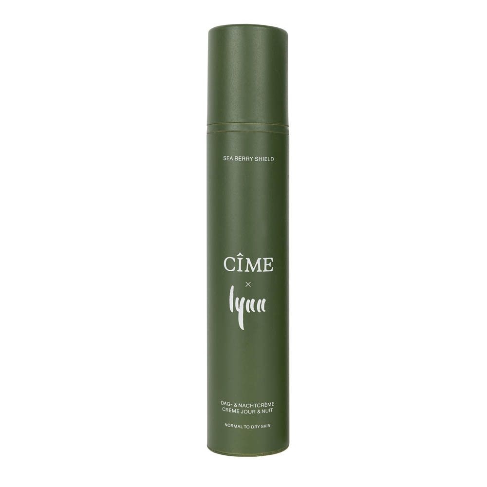 Flacon vert avec bouchon. Texte: CÎME, Lynn. Crème jour & nuit. Peaux normales à sèches.