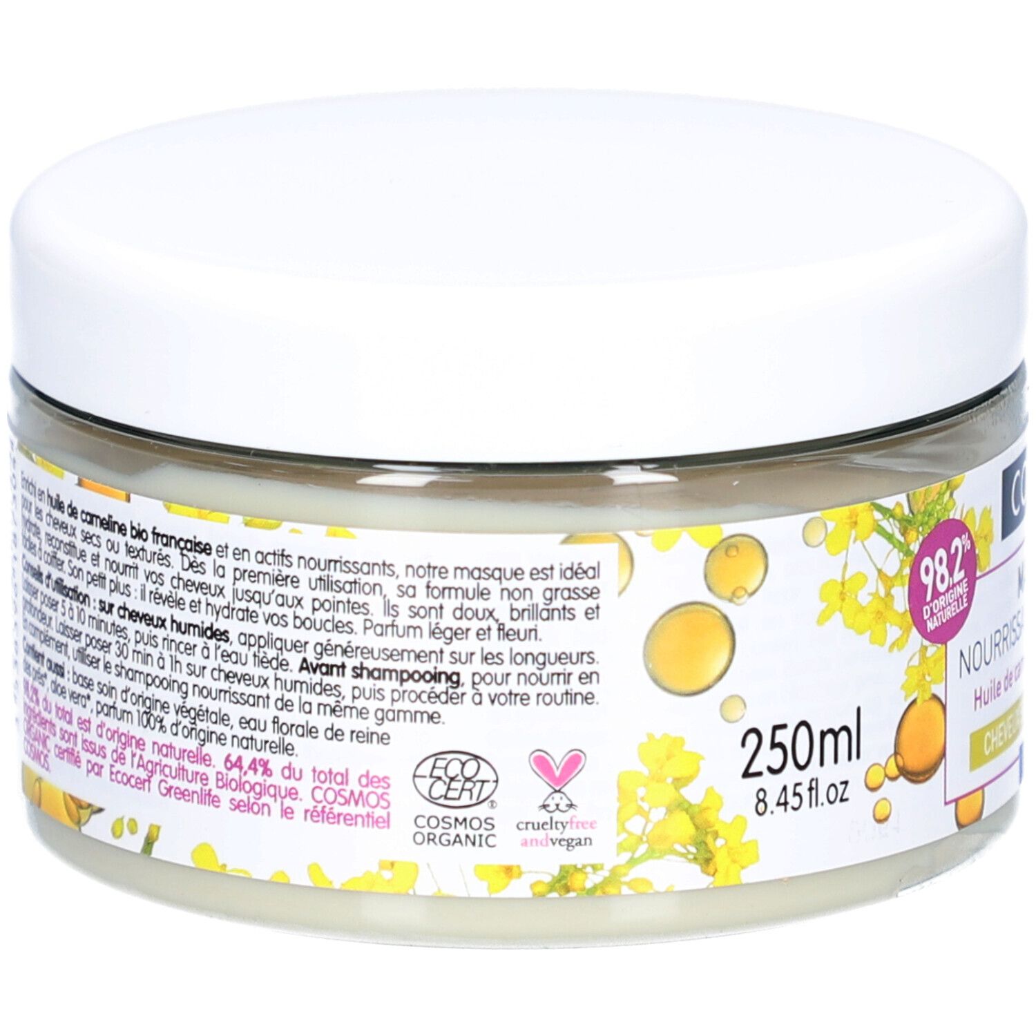 Glasbehälter mit weißem Deckel. Aufschrift: Coslys Masque Nourrissant Réparateur. Rückseite mit Text und Logos. Enthält 250ml.