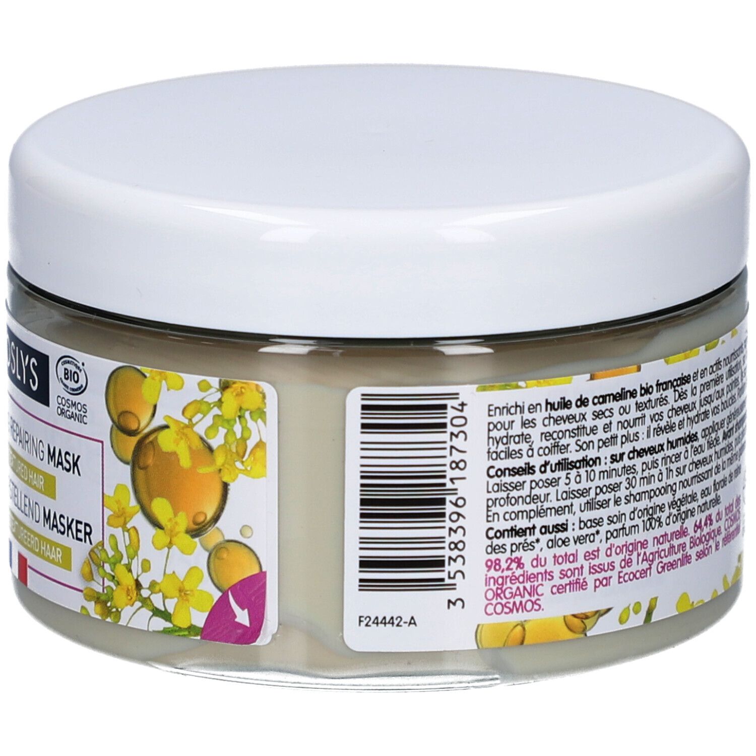 Glasbehälter mit weißem Deckel. Aufschrift: Coslys Masque Nourrissant Réparateur. Rückseite mit Text, Barcode und Logos. Enthält 250ml.