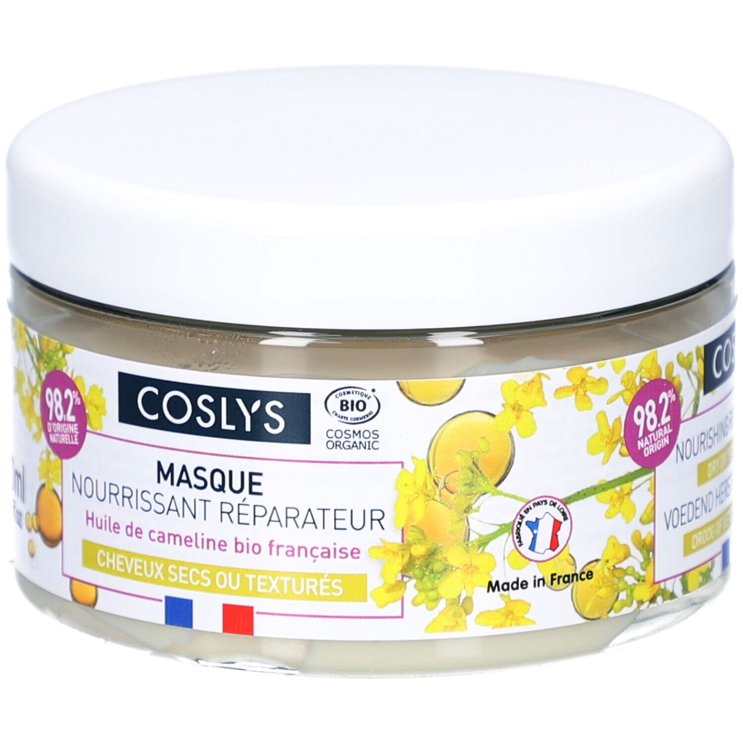 Glasbehälter mit weißem Deckel. Aufschrift: Coslys Masque Nourrissant Réparateur. Enthält 98,2% natürlichen Ursprungs. Mit französischem Bio-Siegel.